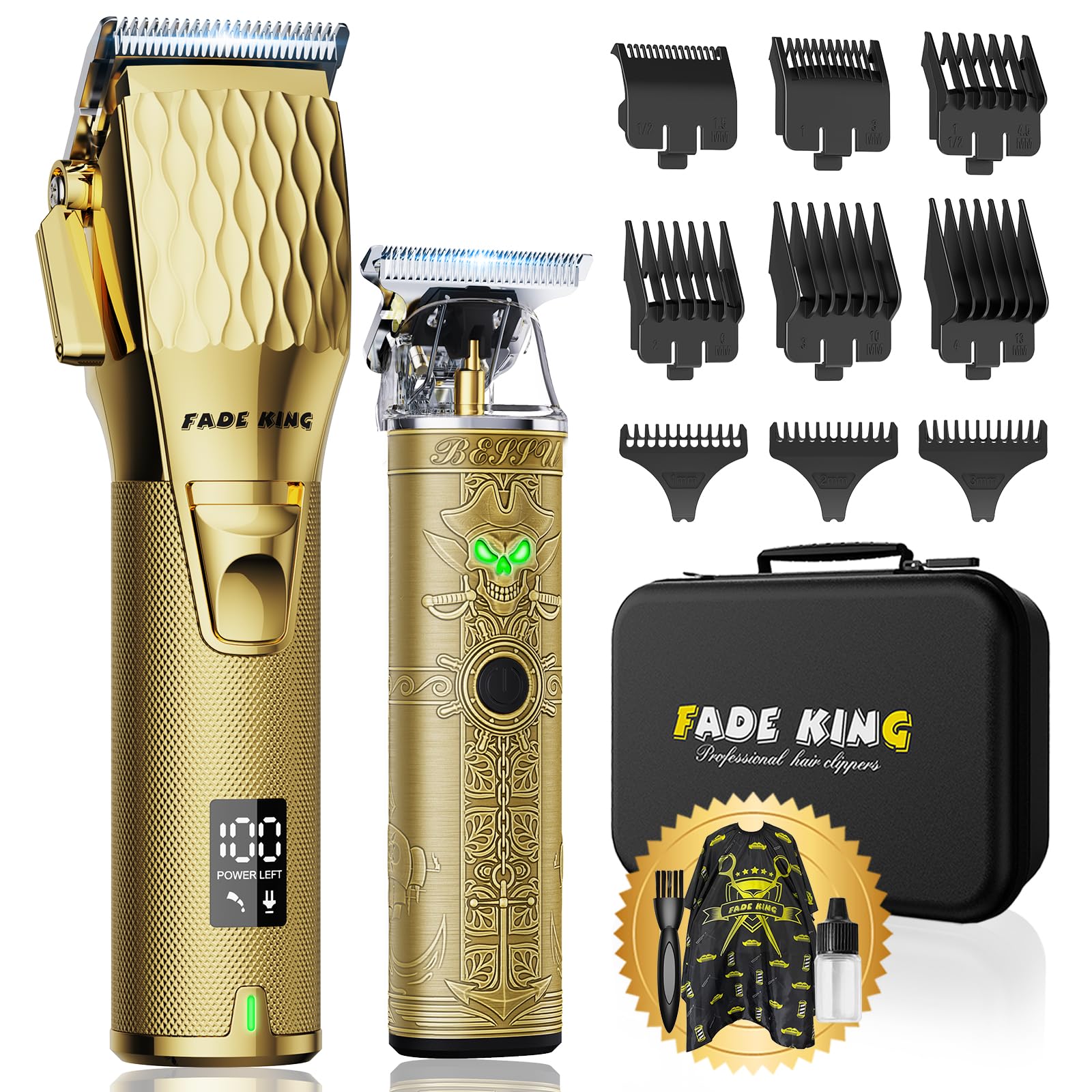 FADEKING Cortapelos profesional para hombres, cortadora de pelo inalámbrica con pantalla LCD para corte de cabello y aseo para hombres, con estuche de viaje (dorado + bronce)
