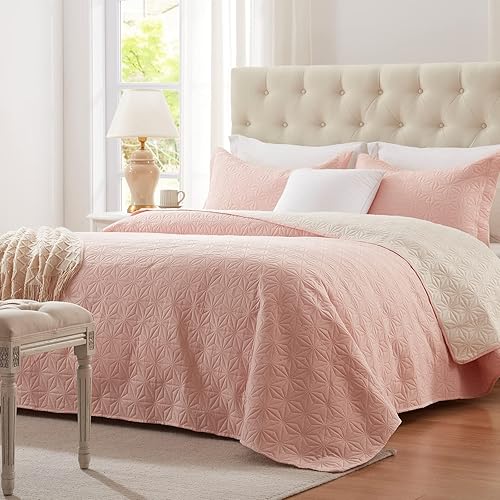 NexHome - Juego de edredón ligero, reversible, unicolor, de microfibra, con patrón de estrellas, color rosa rubor, tamaño King, con fundas de