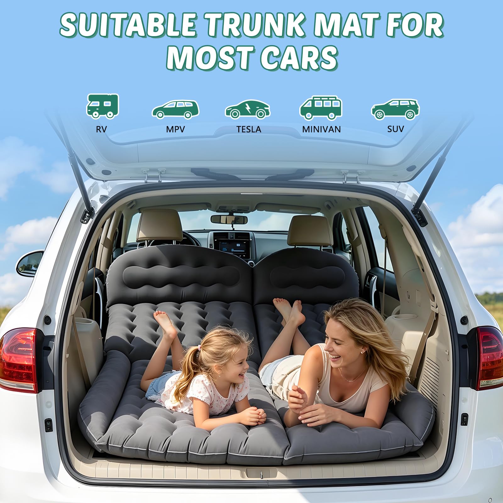Materasso per auto, doppio lato ispessito, materasso gonfiabile per auto, da campeggio, per bagagliaio, sedile posteriore, materasso ad aria spesso con due cuscini, per campeggio, viaggi, spiaggia (2)