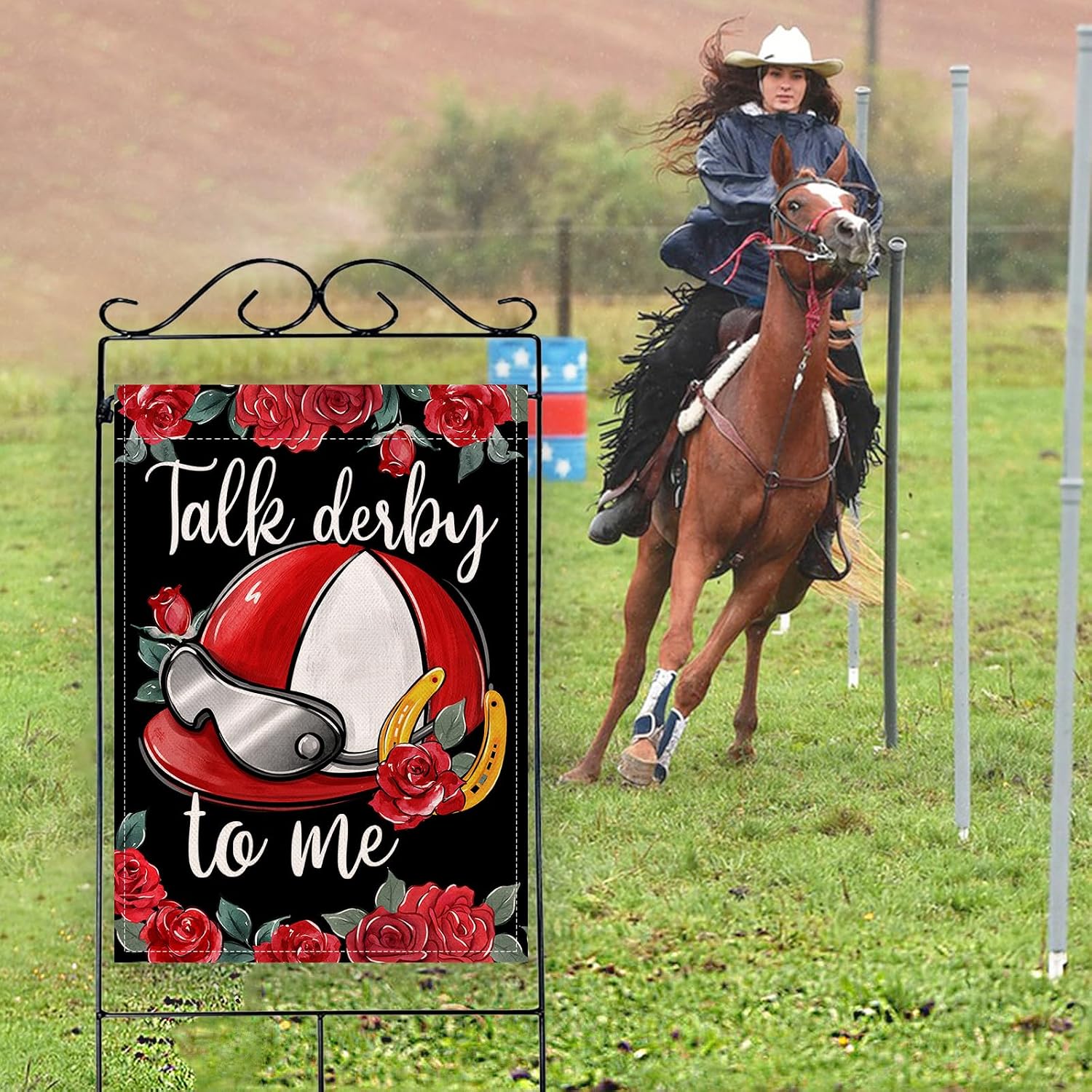 Artofy Kentucky Helmet Large Decorative House Flag, Talk Derby To Me Roses Churchill Downs Yard Garden Outside Decor, Horse Racing Horseshoe Burlap Outdoor Home Decoration Double Sided 28 x 40