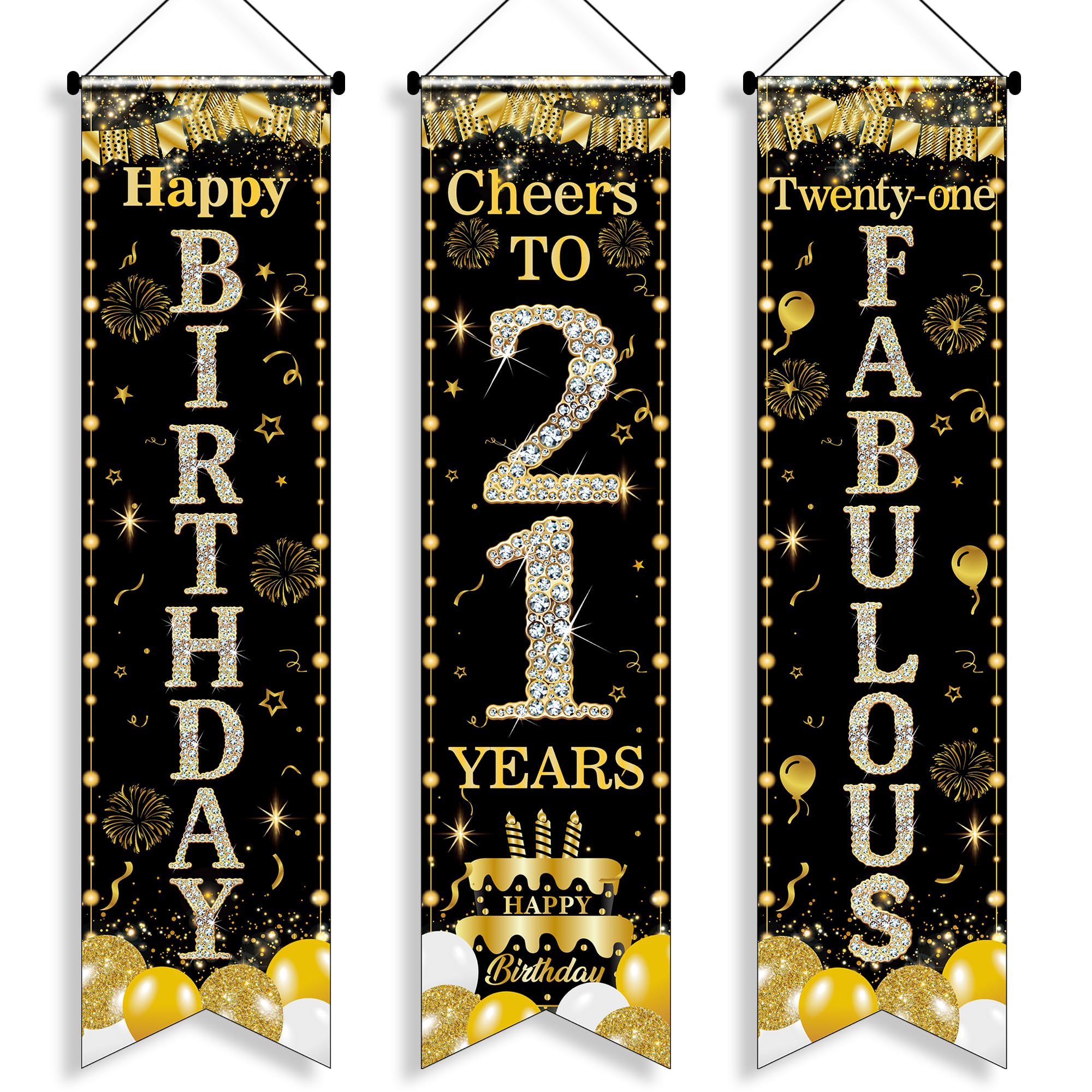 21st Birthday Decorations Door Banner - 3 Pcs Black and Gold Twenty-one Fabulous Happy Birthday Cheers to 21 Years 3.9x0.9ft Door Porch Sign for 21 Years Old Boy Girl Party Backdrop Decor Supplies