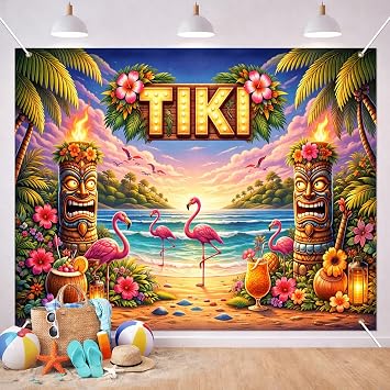 BlissYard Hawaiian Tiki Beach Backdrop Luau Party Decoration Banner 8x6FT Tropical Flamingo Ocean Photo Booth Background Summer Birthday Pool Party Beach Theme Indoor Outdoor Event Photography