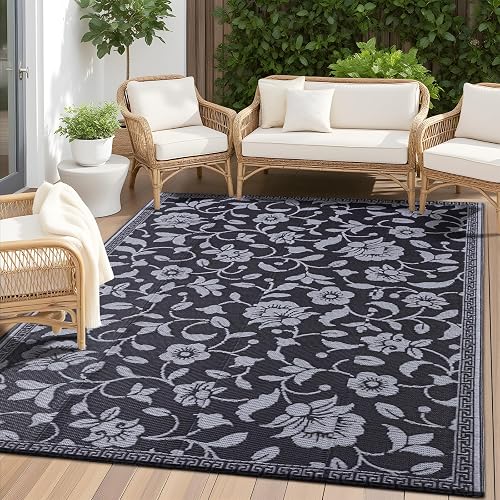 OLANLY Outdoor Rug 4x6 ft Reversible Floral Mat, Black & Grey