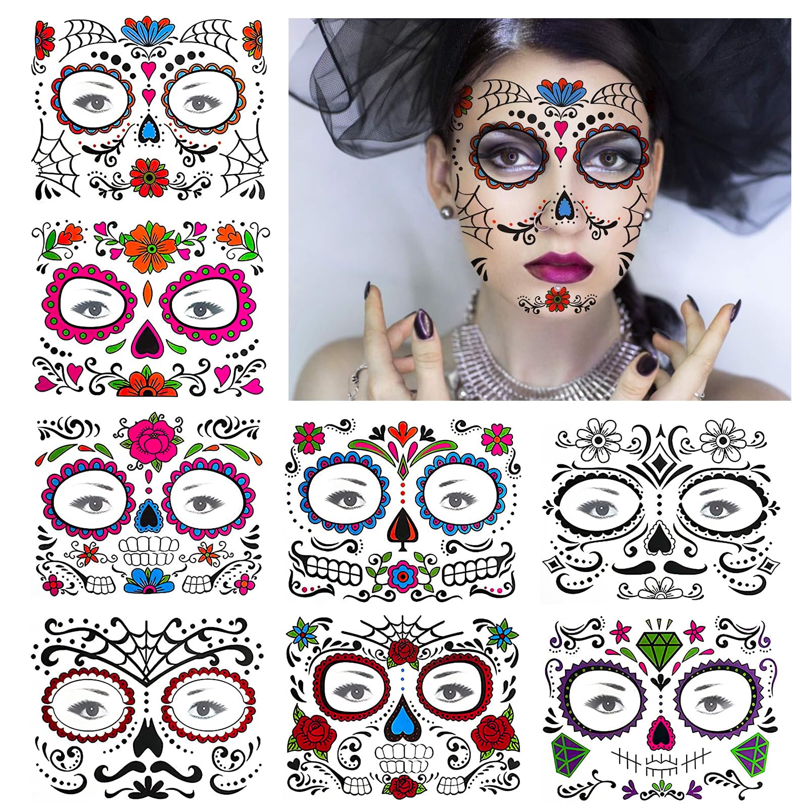 Tatuajes Temporales, 8 Hojas Tatuaje Cara Temporales, Pegatinas Cara, para Day of The Dead Makeup, Adultos, Niños, Halloween, Mascarada, Cumpleaños Festivales Fiestas