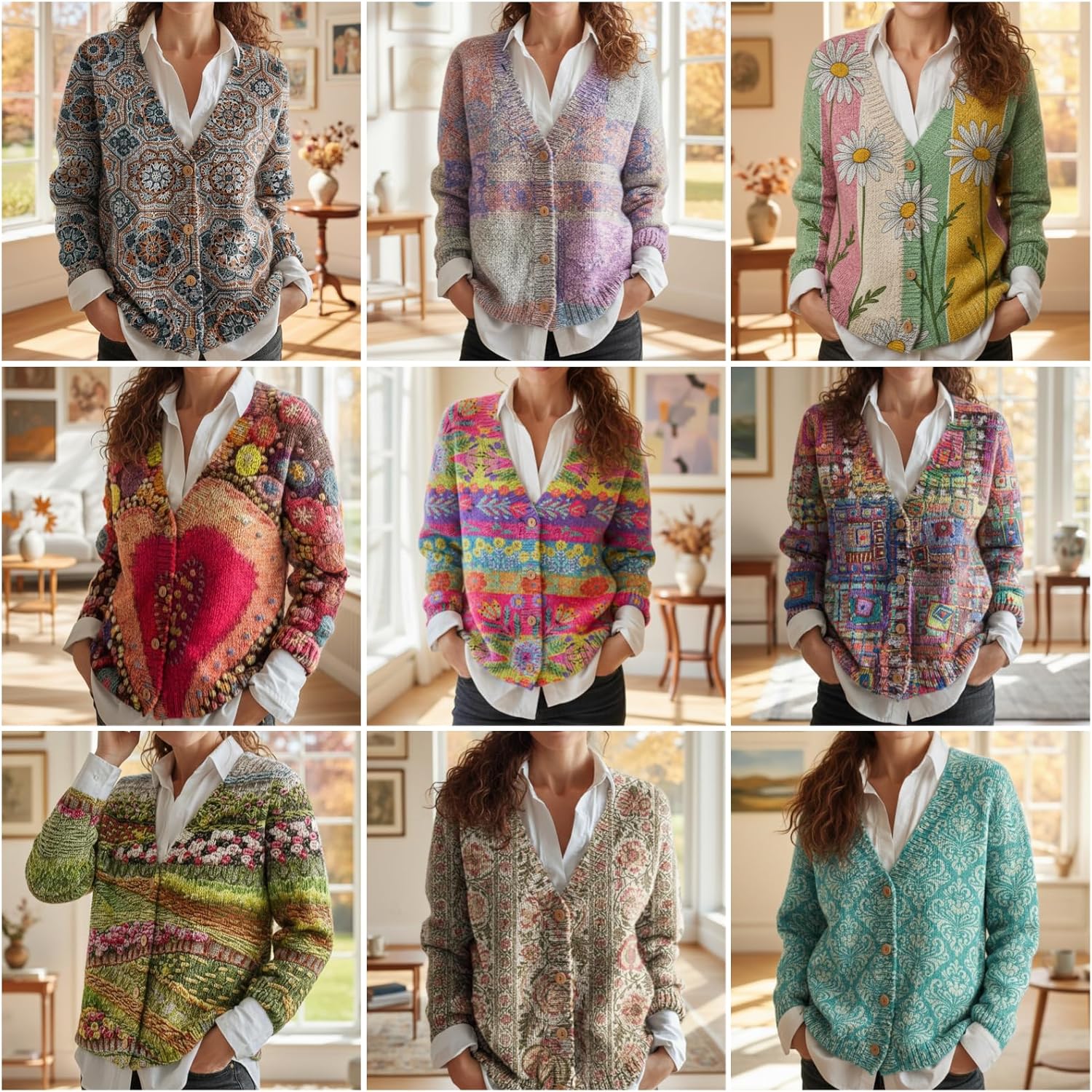 Womens V Neck Button Front Knit Cardigan Long Sleeve Loose Fit Casual Printed Sweater for Daily Wear