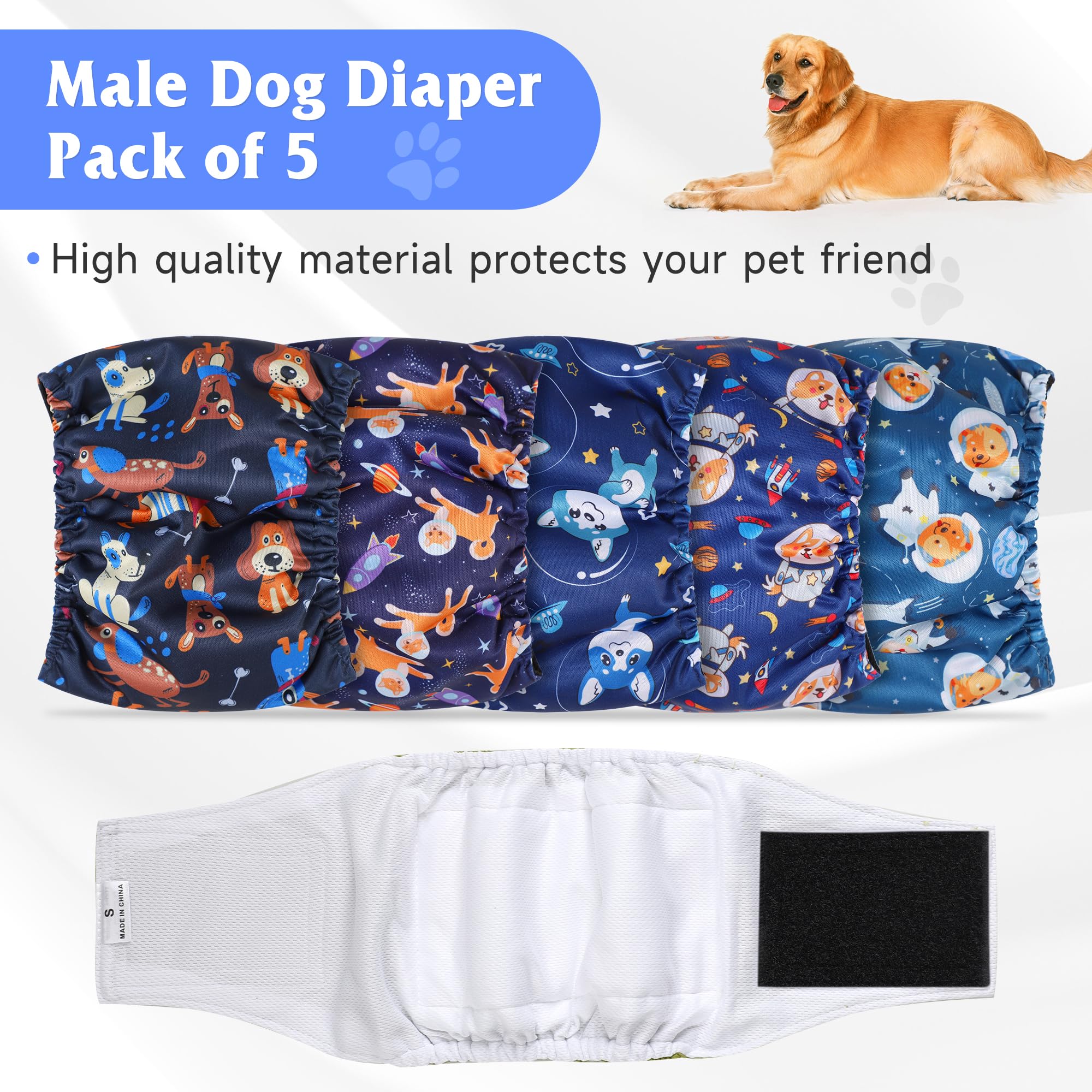 Paquete de 5 pañales para perros machos, envolturas para perros de alta absorción, bandas para el vientre para perros machos con incontinencia o micción frecuente, pañales lavables para