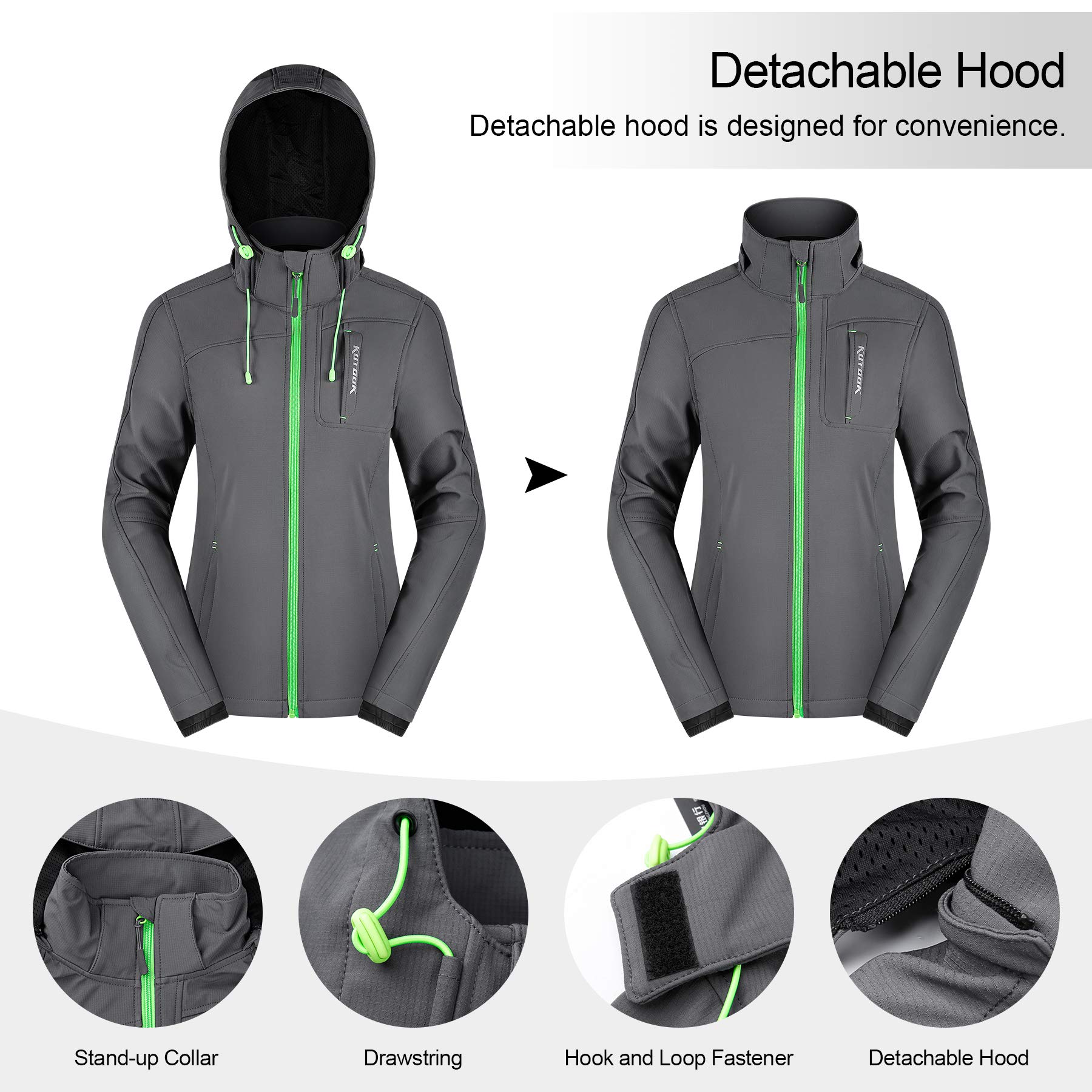 KUTOOK - Chaqueta de forro polar para mujer, resistente al viento, para senderismo, correr, con capucha para deportes al aire libre - Gris - XX-Large