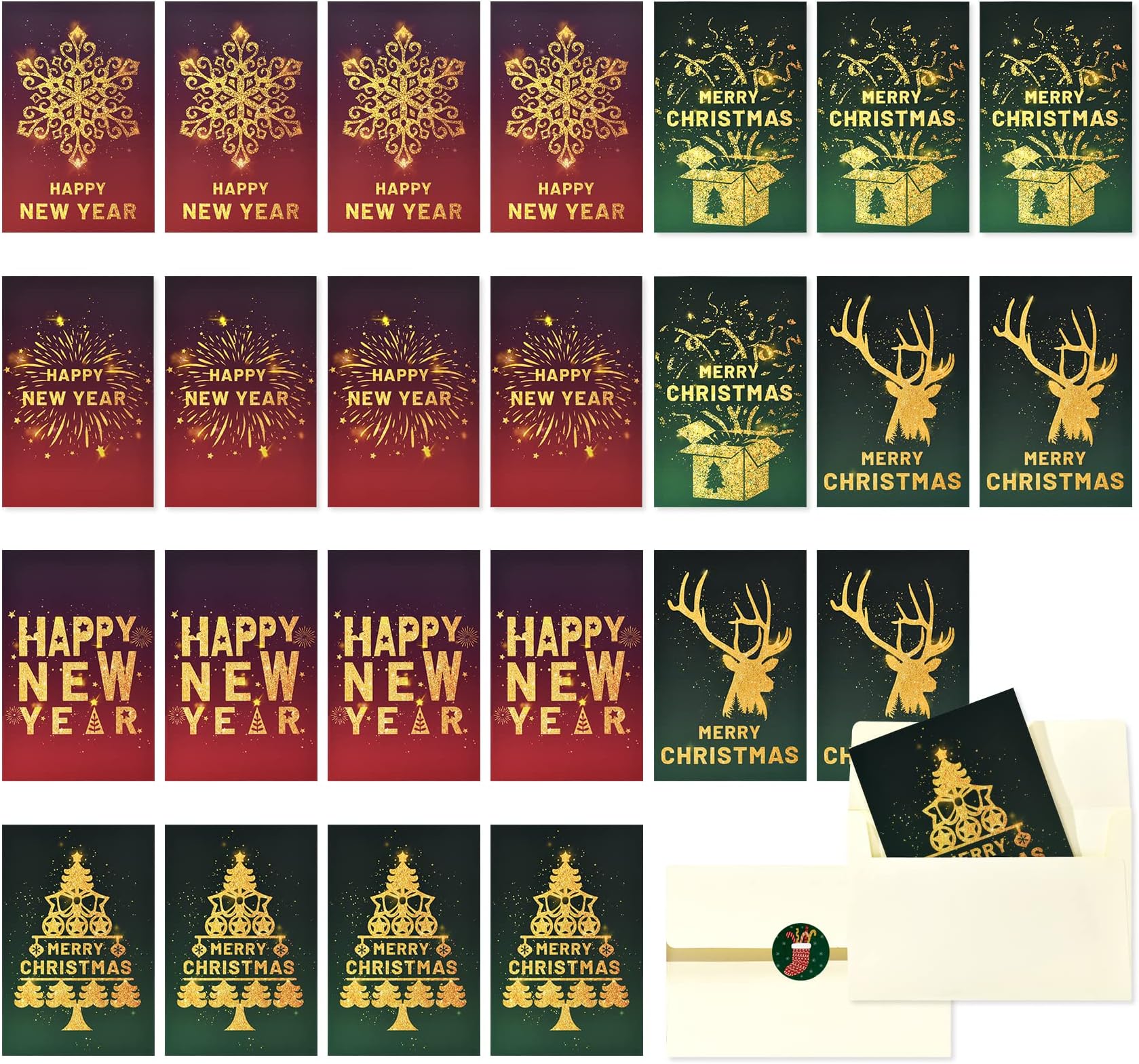 Magic Ants 24 Pack Merry Christmas Cards Bulk, Funny Xmas Greeting Cards Set of 24 with Envelopes, Winter Holiday Cards Bulk, 6 Designs Assortment New Year Note Cards 4" x 6"