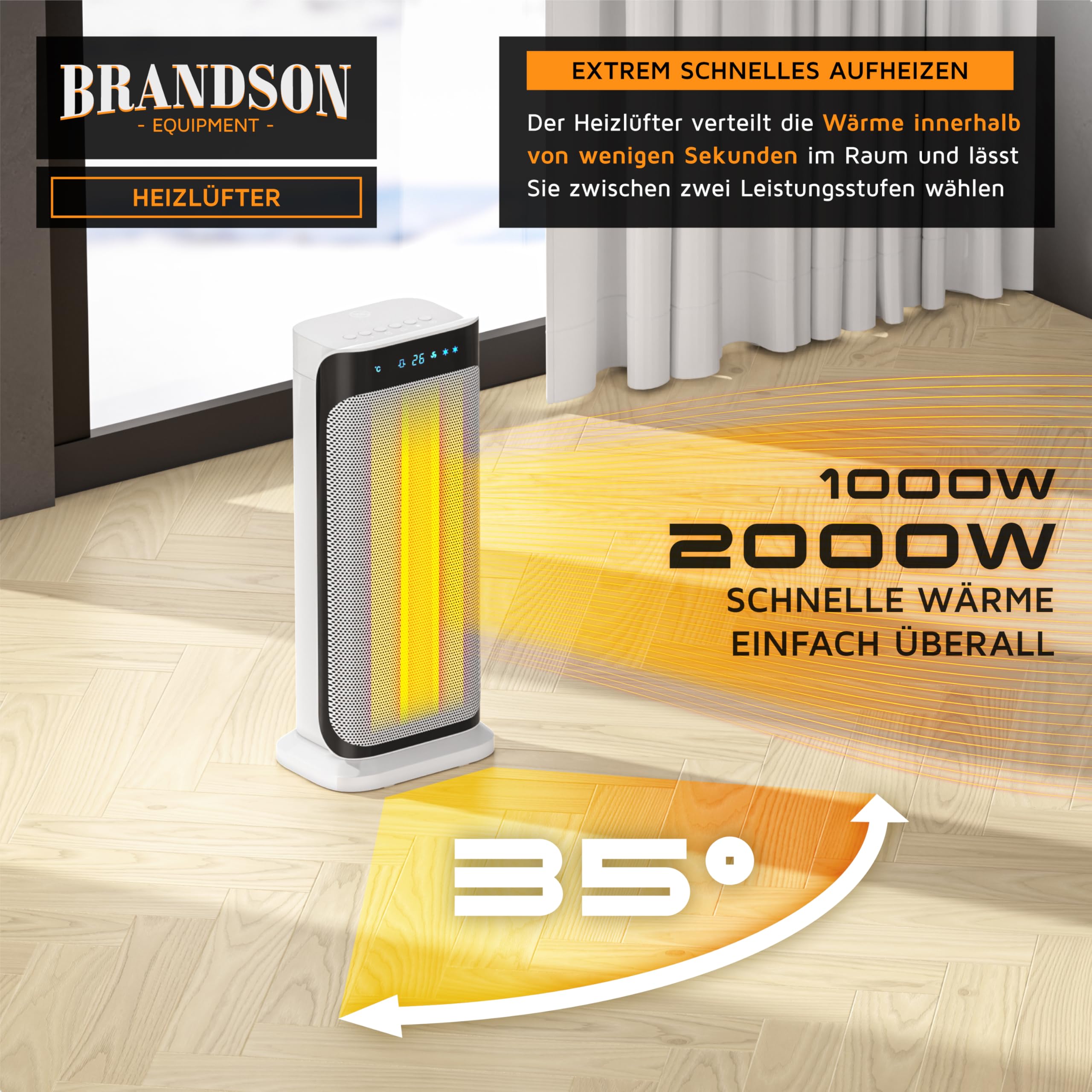 Brandson Heizlüfter 2000 Watt mit Fernbedienung Oszillationsfunktion leise