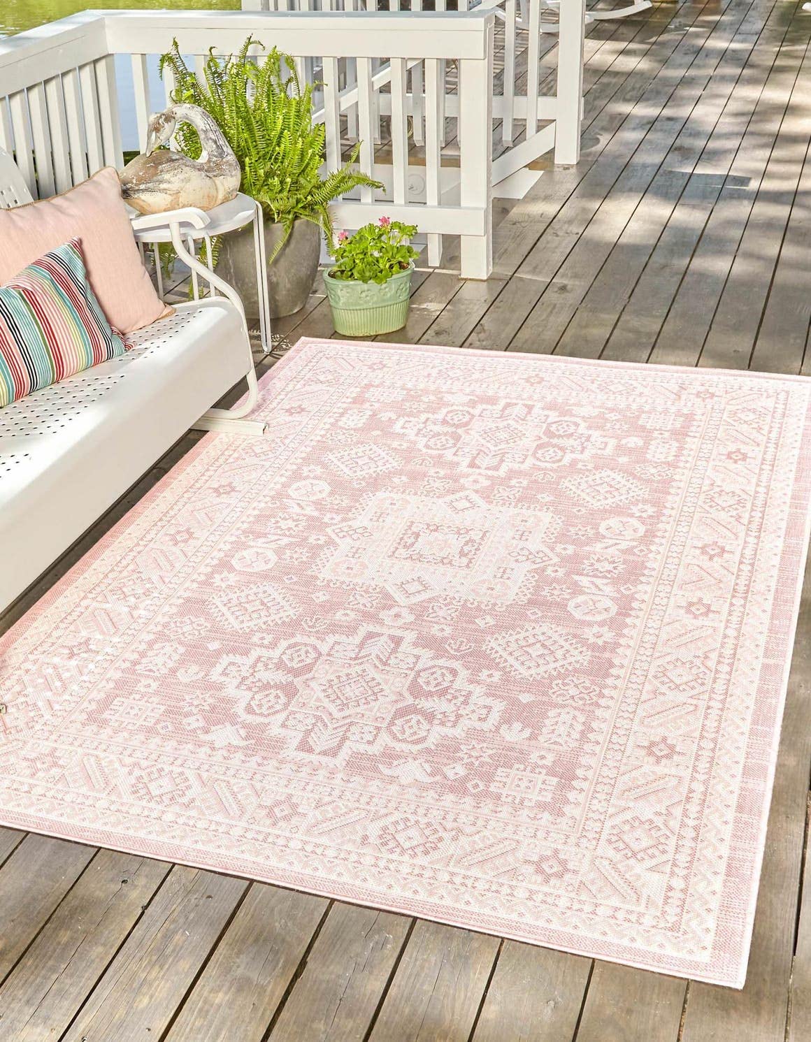 Unique Loom Outdoor Aztec Collection Area Rug - Chalca (9' x 12' 2" Rectangle, Pink/ Ivory)