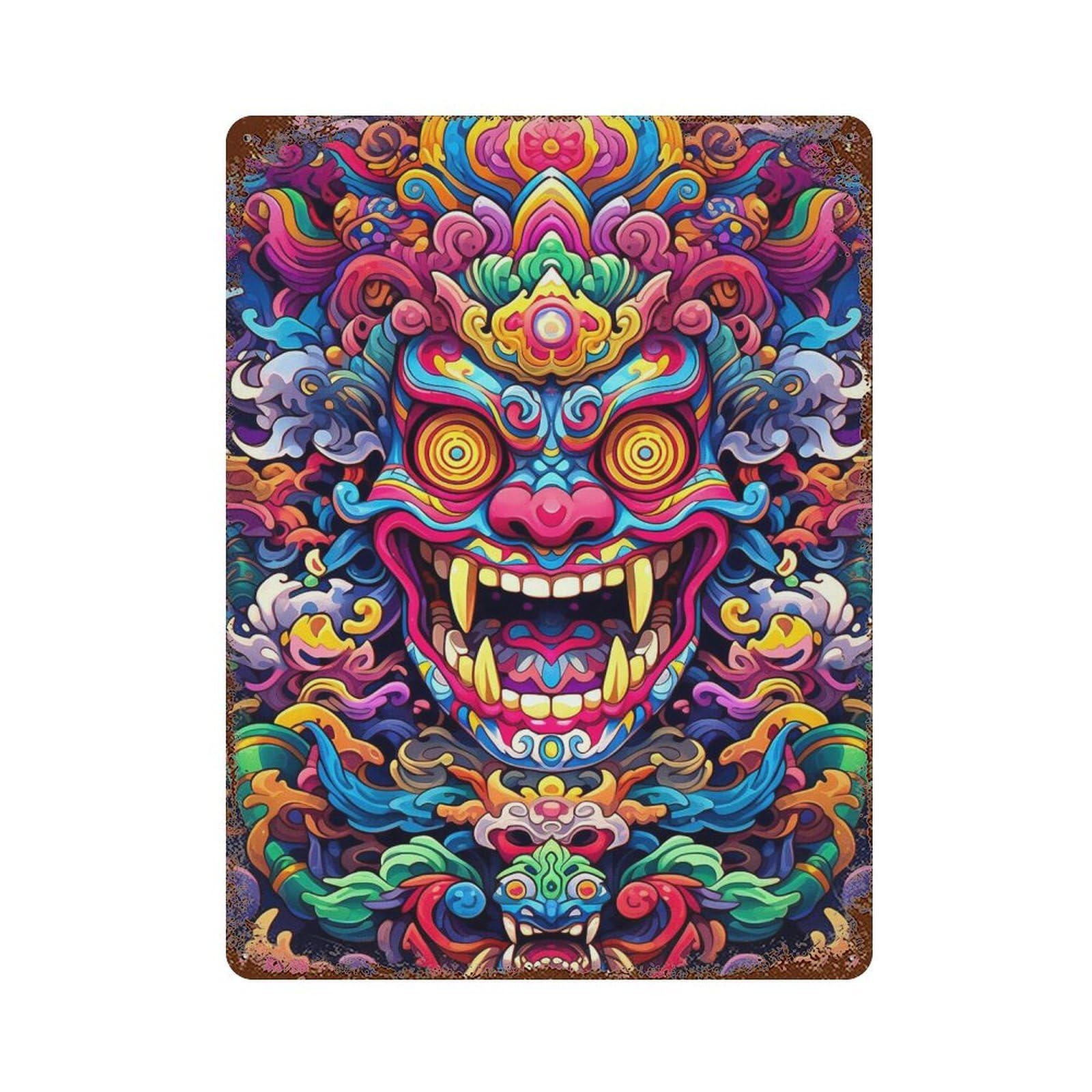 Rust Effect Colorful Demon Mask Artwork Aged Metal Wall Plaque 15.7"x11.8", Classic Wall Plaque for Basement, Hobby Room And Garage Decor