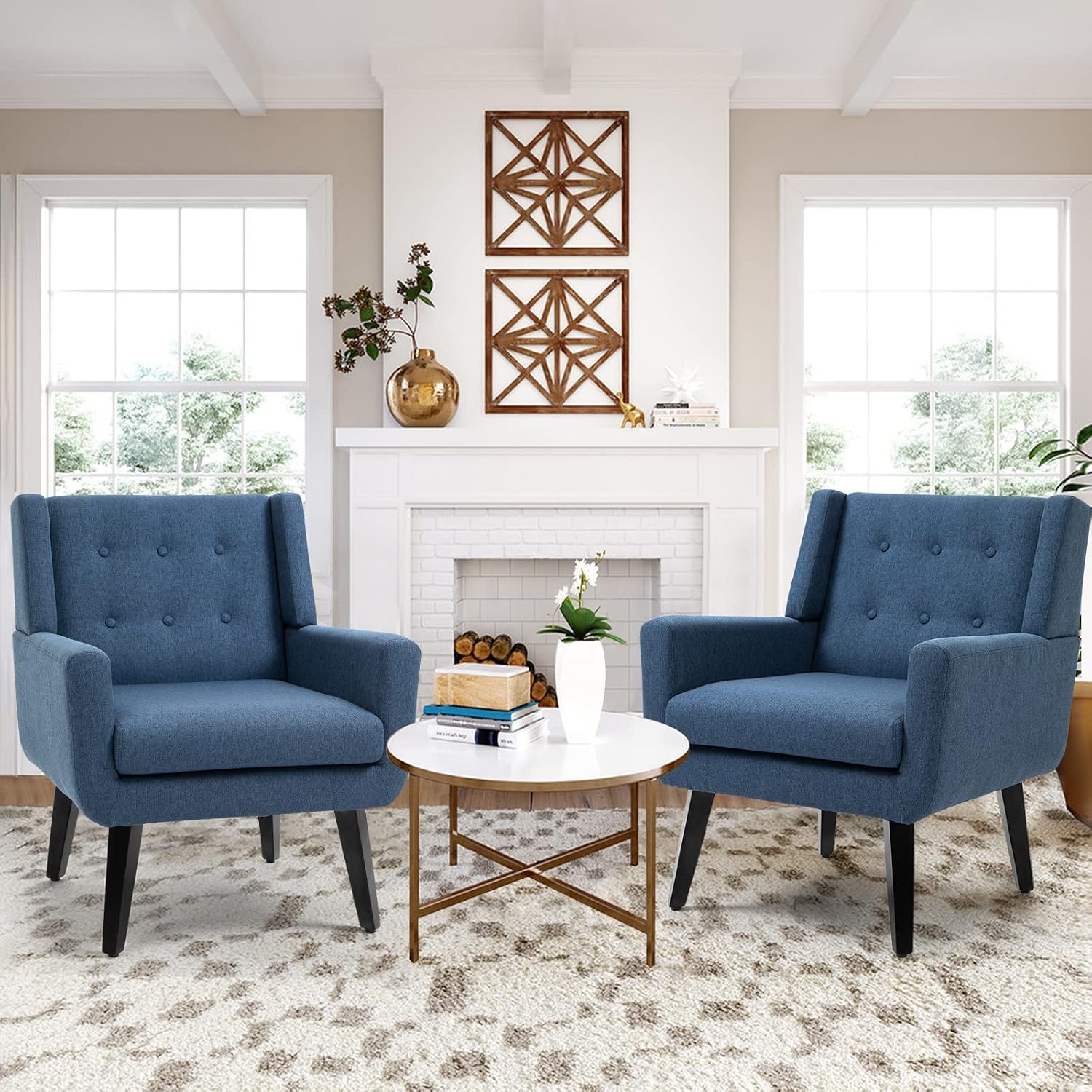 AVAWING Set of 2 Morden Accent Chair, Mid-Century Modern Upholstered Sofa Chair with Rubber Wood Legs, Comfy Linen Fabric Armchair for Living Room, Bedroom, Office (Blue)