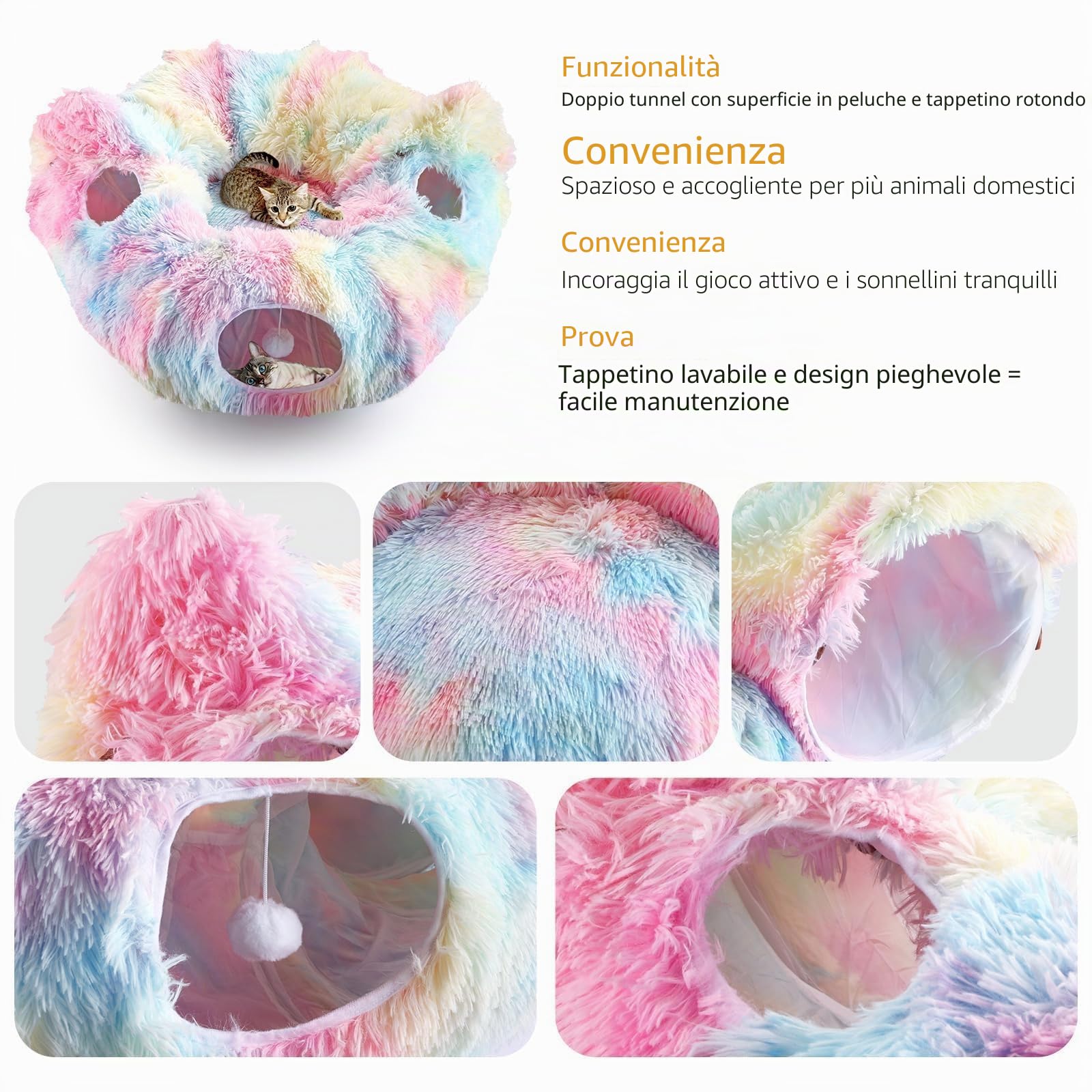 Tunnel per Gatti 3 in 1 Modulare con Letto Morbido Lavabile, Gioco Interattivo con Fori e Palline, Peluche Morbido per Gatti, Conigli e Cani Piccoli, Animali, Colorato