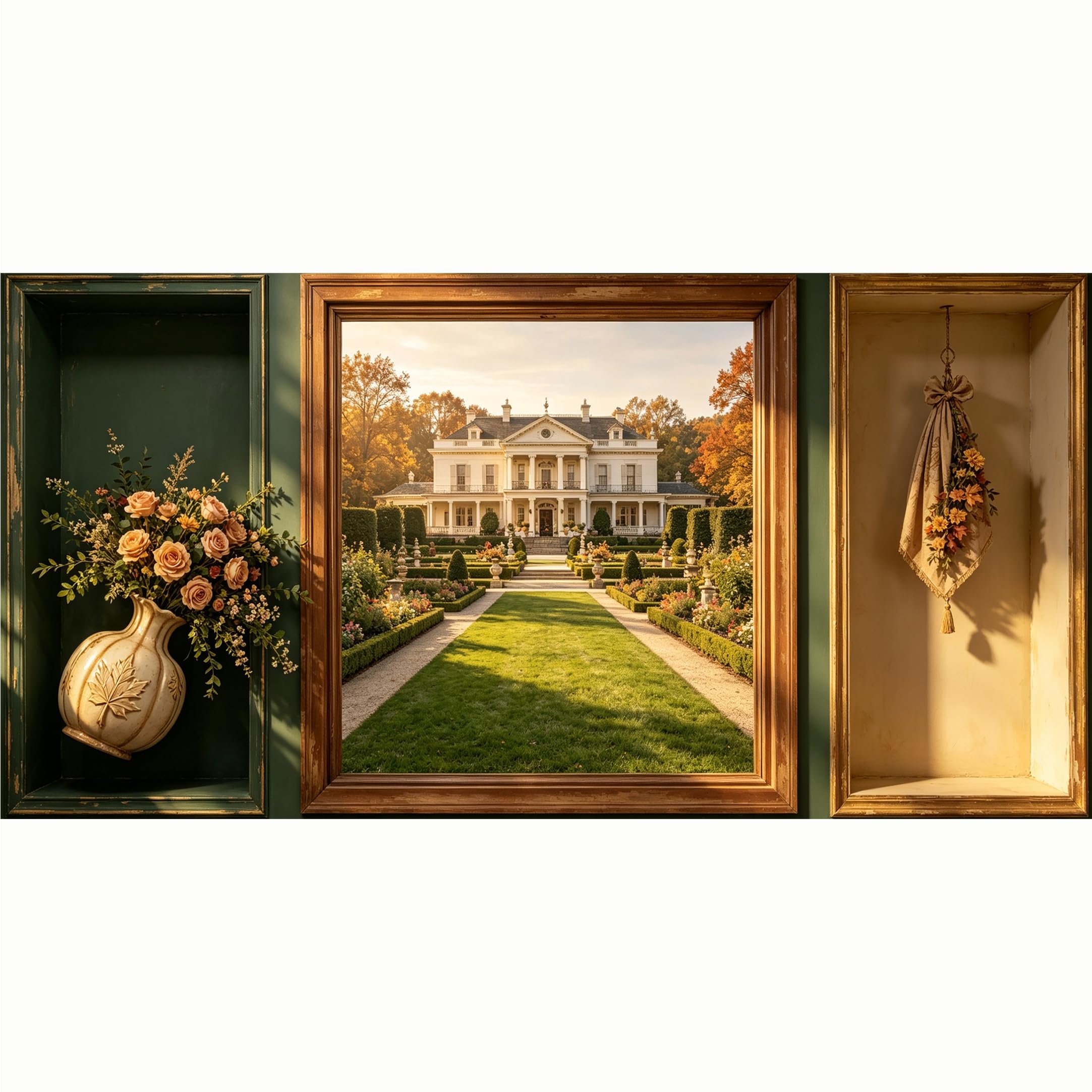 QZLITHOTIC 50x100cm 3D Framed Wall Art， Neoclassical Estate Garden Landscape Self‑Adhesive Mural， Water‑Activated Peel & Stick Fabric Decor Wall Decal for Bedroom Living Room