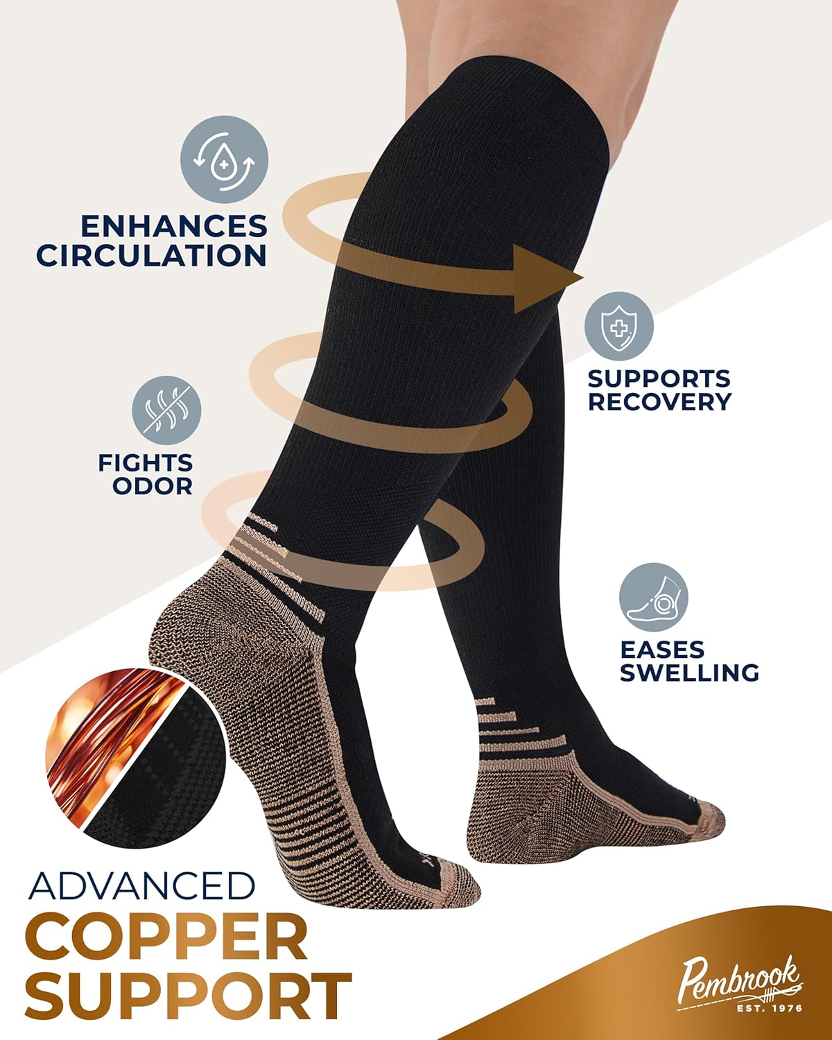 Pembrook 3 Pairs Copper Mens Compression Socks 20-30 mmHg, Running, Hiking, Athletic Cycling, Travel | Circulation Support - Image 2