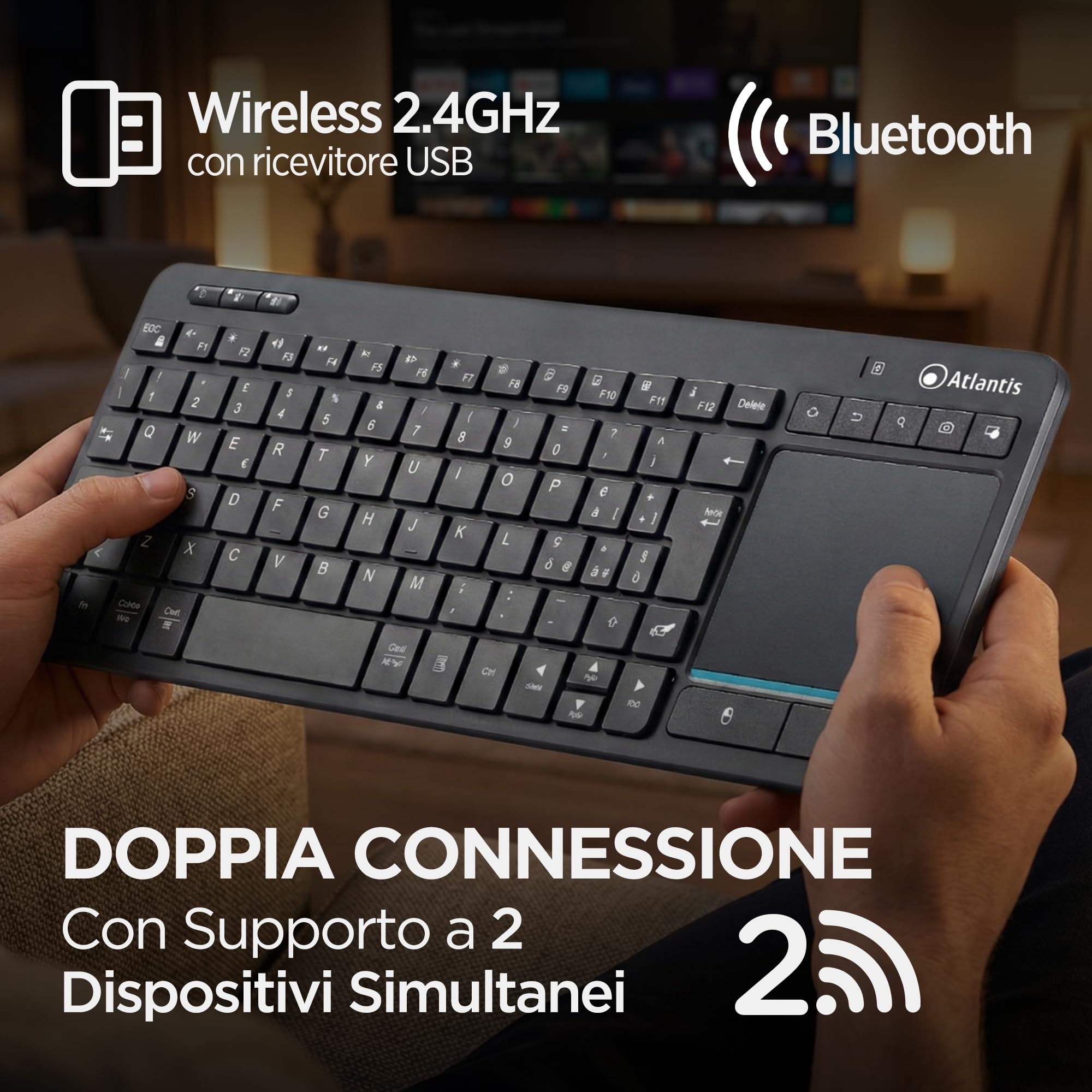 Atlantis Mini Tastiera con TouchPad multitouch integrato - Wireless senza fili RF + Bluetooth, QWERTY, Tasti funzione multimediali, per PC/Notebook/Smart TV/Smartphone/Tablet/iOS/Android - Nero