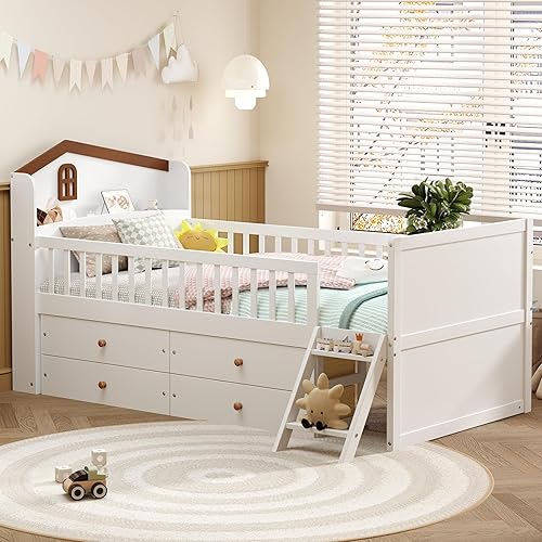 Miniatura 34 de Cama de plataforma de tamaño individual con cabecera de almacenamiento y luz LED integrada, base de cama de plataforma de madera con barandilla de