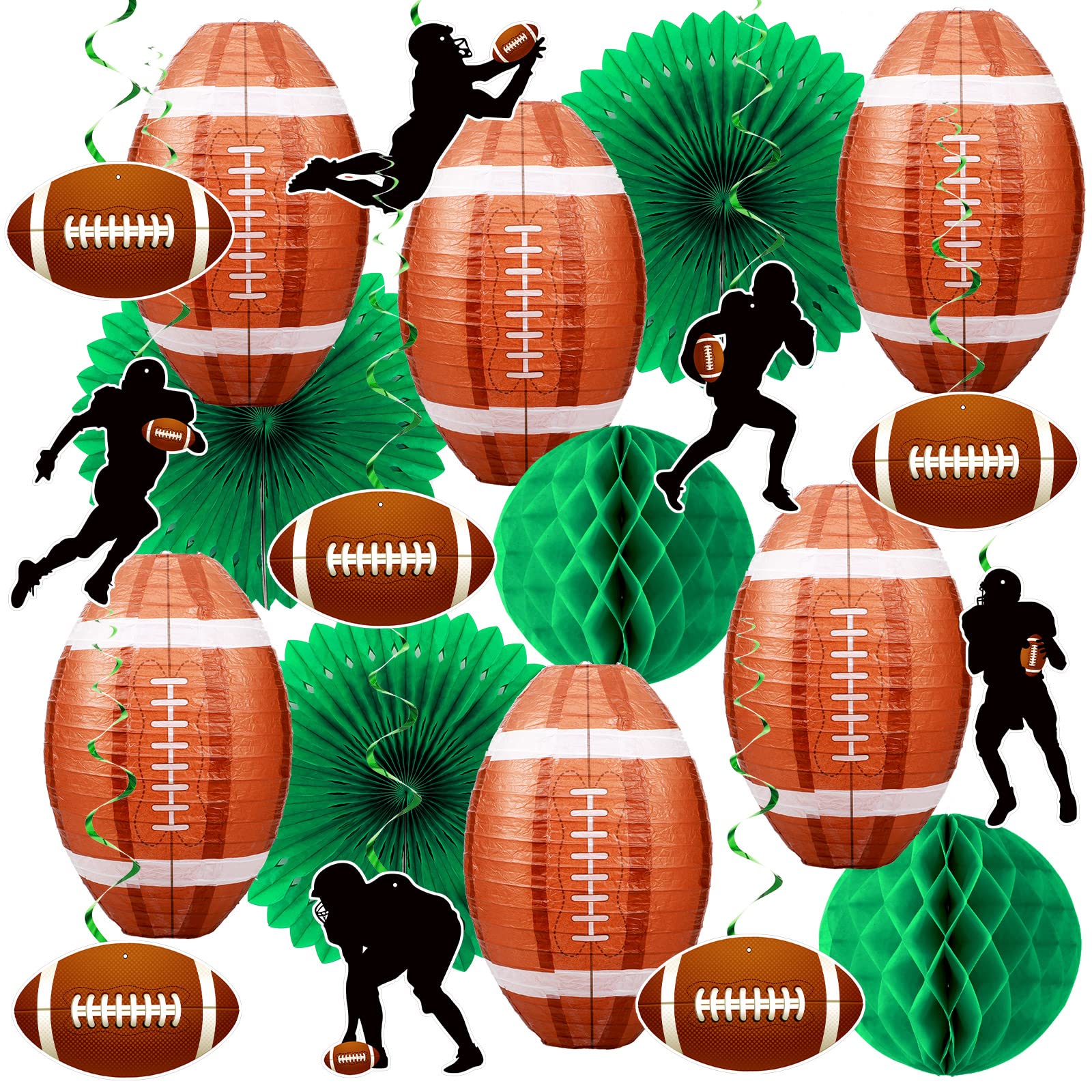 Honoson 21 Pcs Football Party Decorations Sports Themed Birthday Decorations Football Paper Lantern Folding Fan Hanging Swirls for Home School Tailgate Party Supplies Set