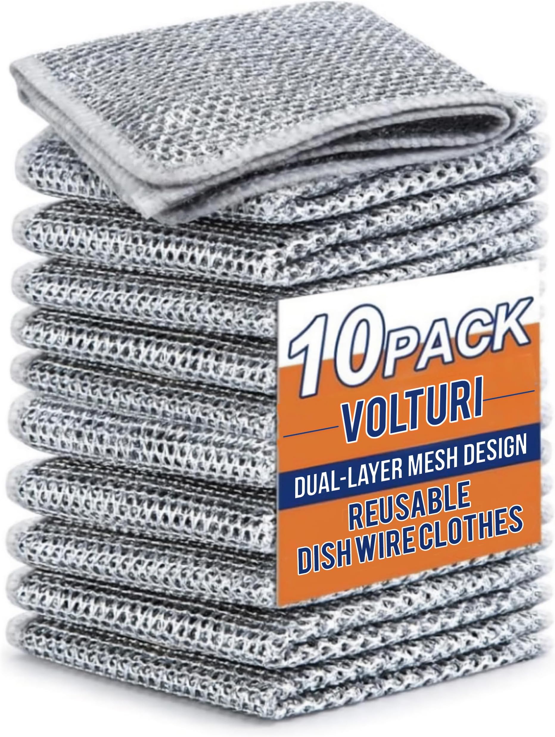 VOLTURI Non Scratch Wire Dish Cloth (Pack of 10), Steel Scrubber for Utensils Cleaning, Multipurpose Wet and Dry Cleaning, Stainless-Steel Dish Wash Scrubber for Washing Dishes, Sinks, Counters