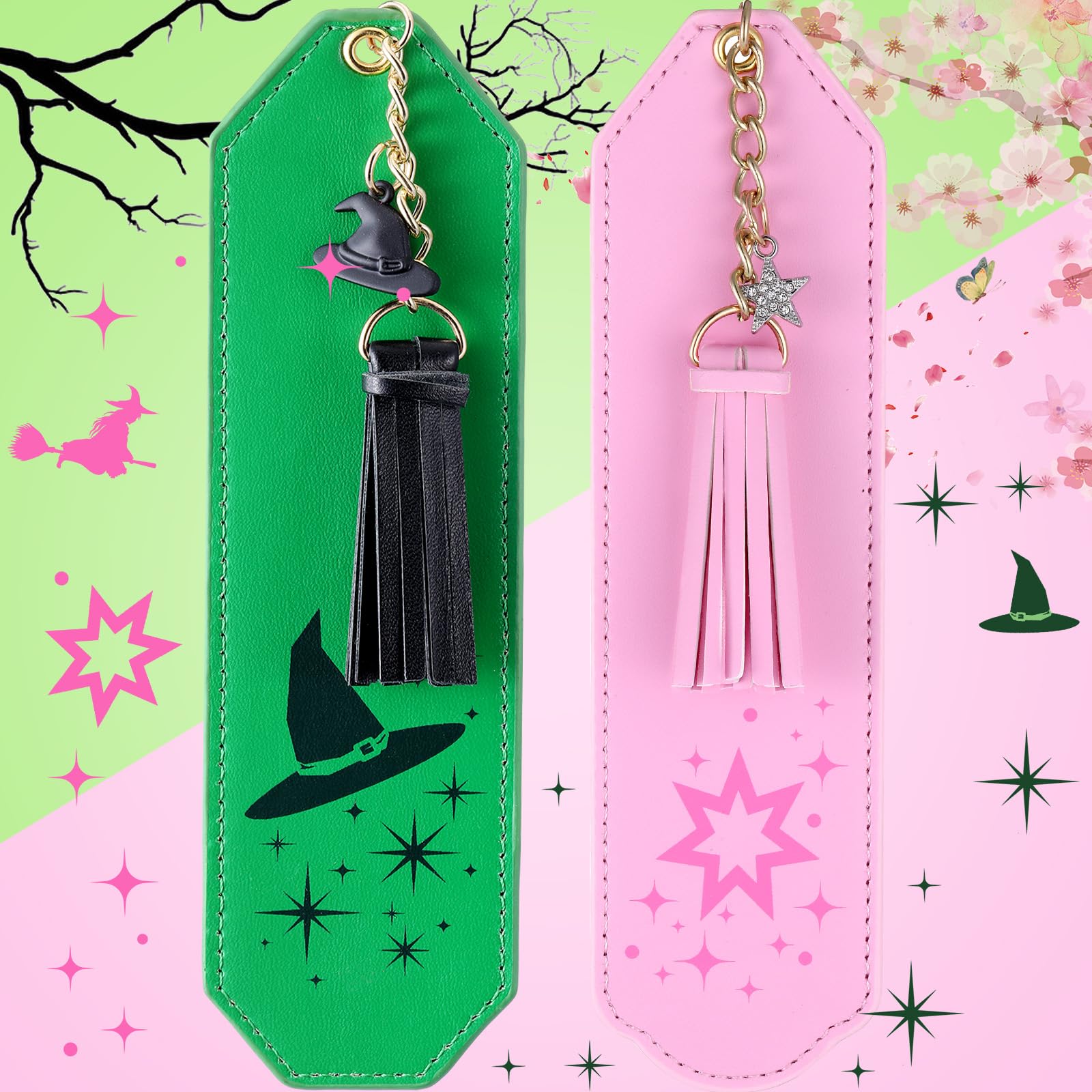 Skyygemm 2 Pcs Christmas Leather Witch Bookmark Pink Green Witch Print