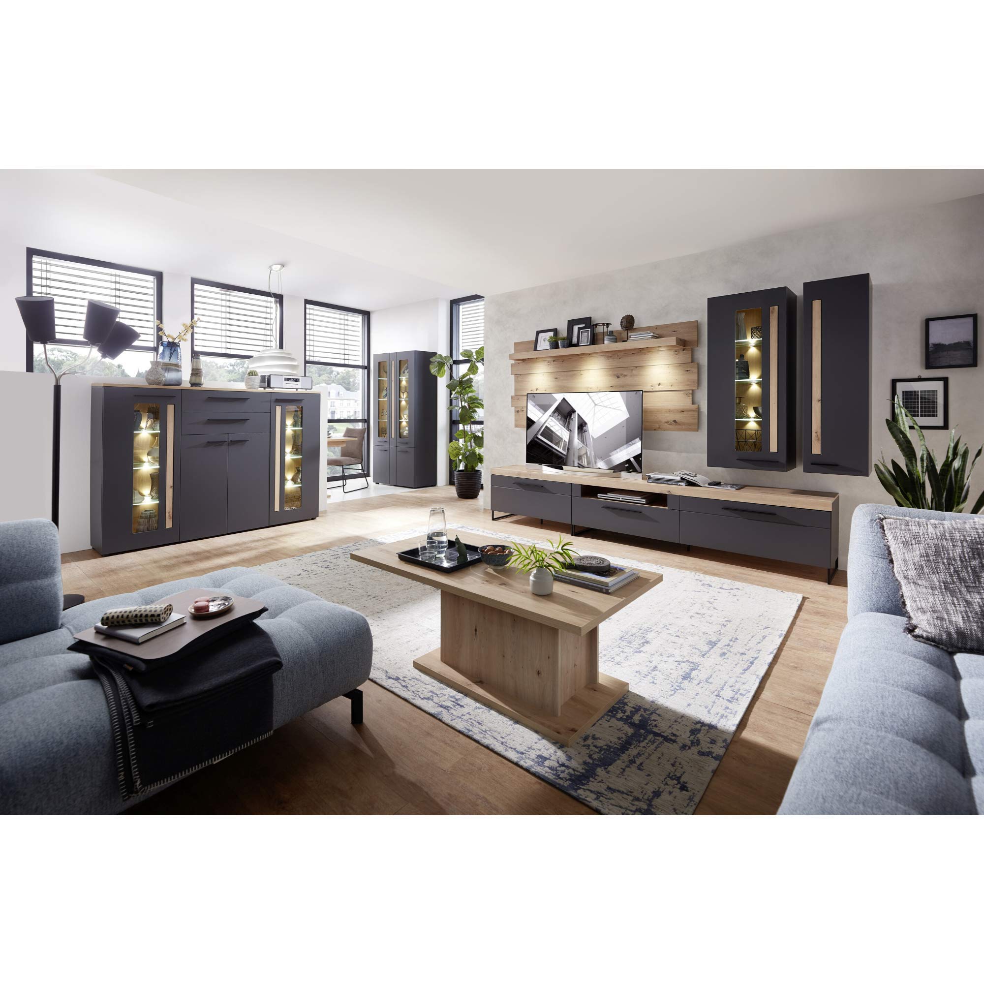 Stella Trading Loft-Two-Apariencia Artisan, salón y Comedor, Madera de ingeniería, Roble Artesano Grafito, Highboard