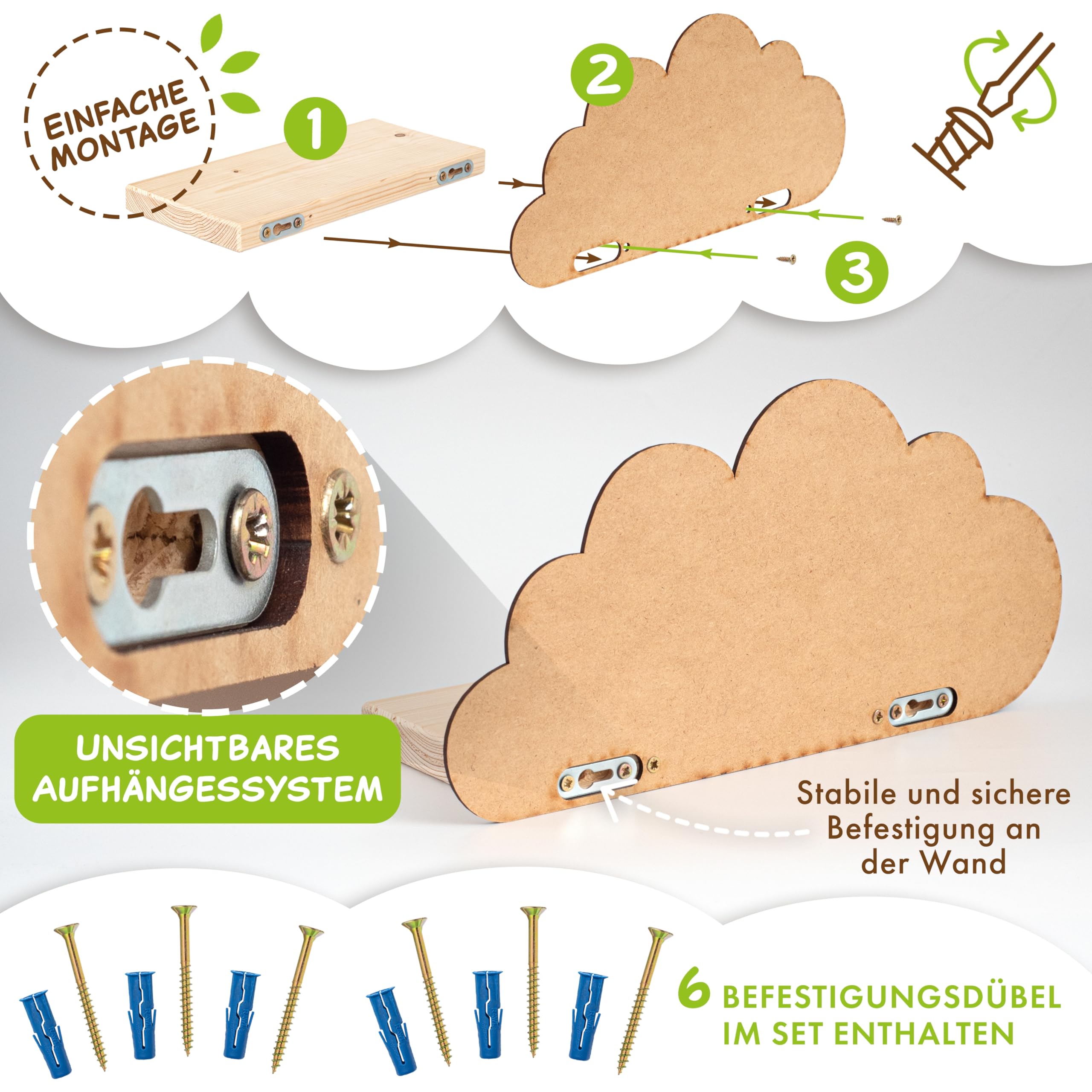 Outentin Wandregal Wolke aus Holz – 3er Set Kinderregal für Kinderzimmer & Babyzimmer – Handgefertigtes Holzregal aus Kiefer – Wandaufbewahrung & Deko für Spielzimmer, Bücher & Spielzeug - Rosa