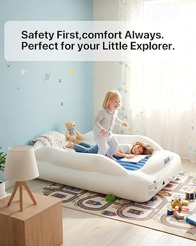 Miniatura 3 de JEASONG Cama inflable portátil para niños pequeños con 4 lados de seguridad, bomba eléctrica para colchón de aire para camping, fiestas de pijamas y