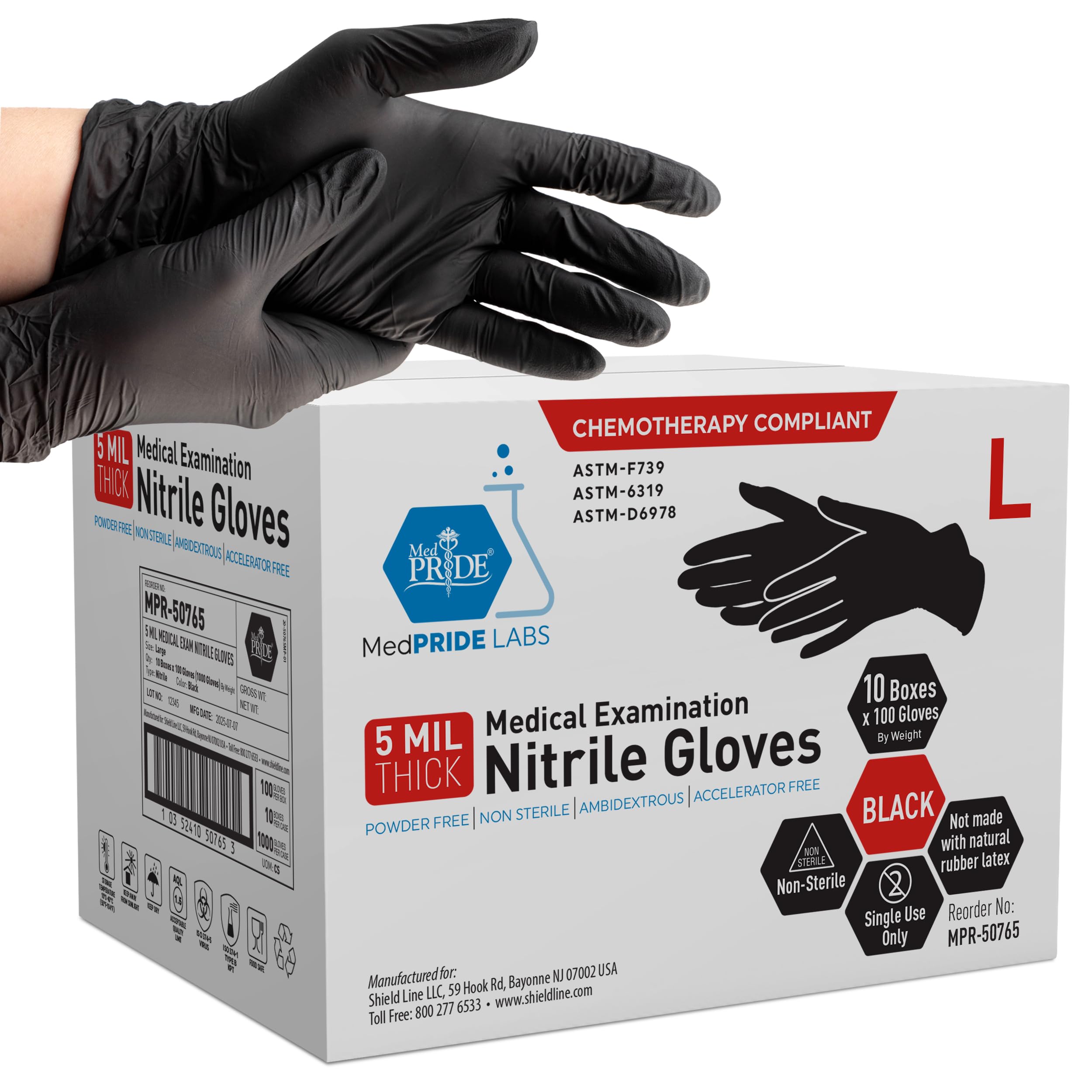 MED PRIDE Black Nitrile Gloves Small | Case of 1,000 (10 Boxes) | 5 Mil | Powder-Free, Latex-Free | Tattoo, Mechanic, Food Prep, Cleaning, Healthcare, Exam Grade, Chemotherapy Tested