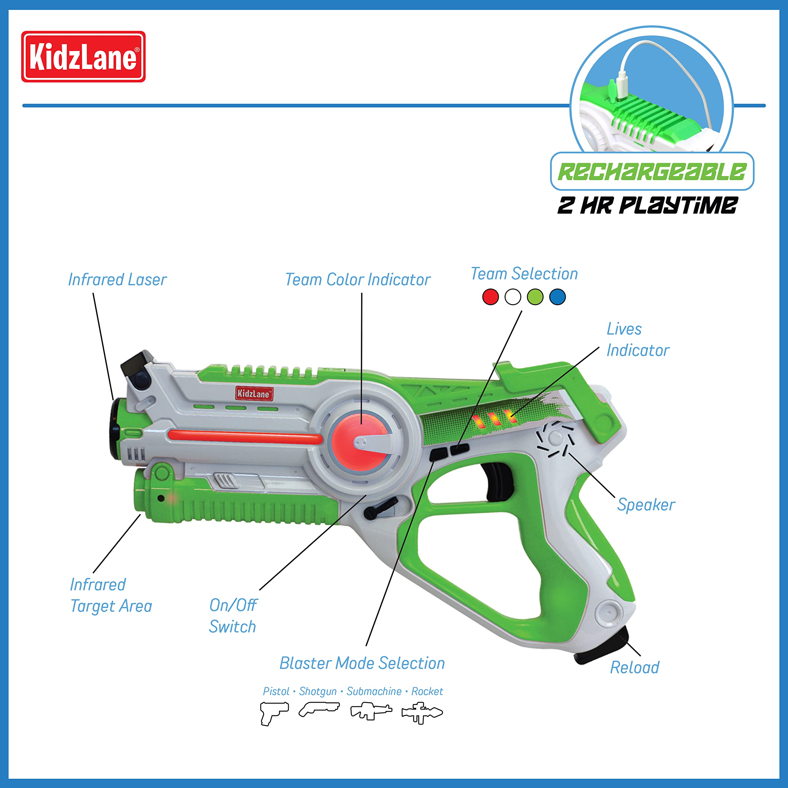 Kidzlane - | Laser Tag (4-Pack) | Infrared Rechargeable Laser Tag Ages 8+ | Toy Laser Gun Set for Laser Battle | Multiplayer Capabilities