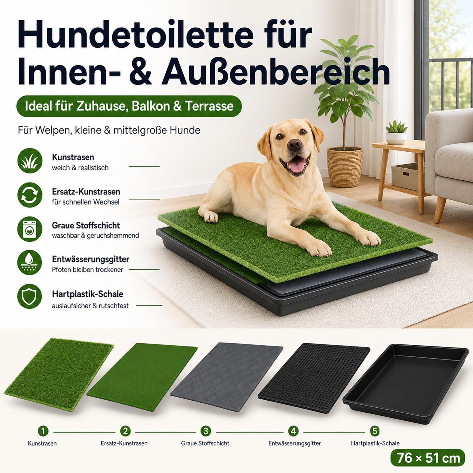 Tapis Pipi Chien Intérieur 76×51 cm avec Gazon Artificiel, Système 5 Couches, Lavable, Antidérapant, Anti-Odeur
