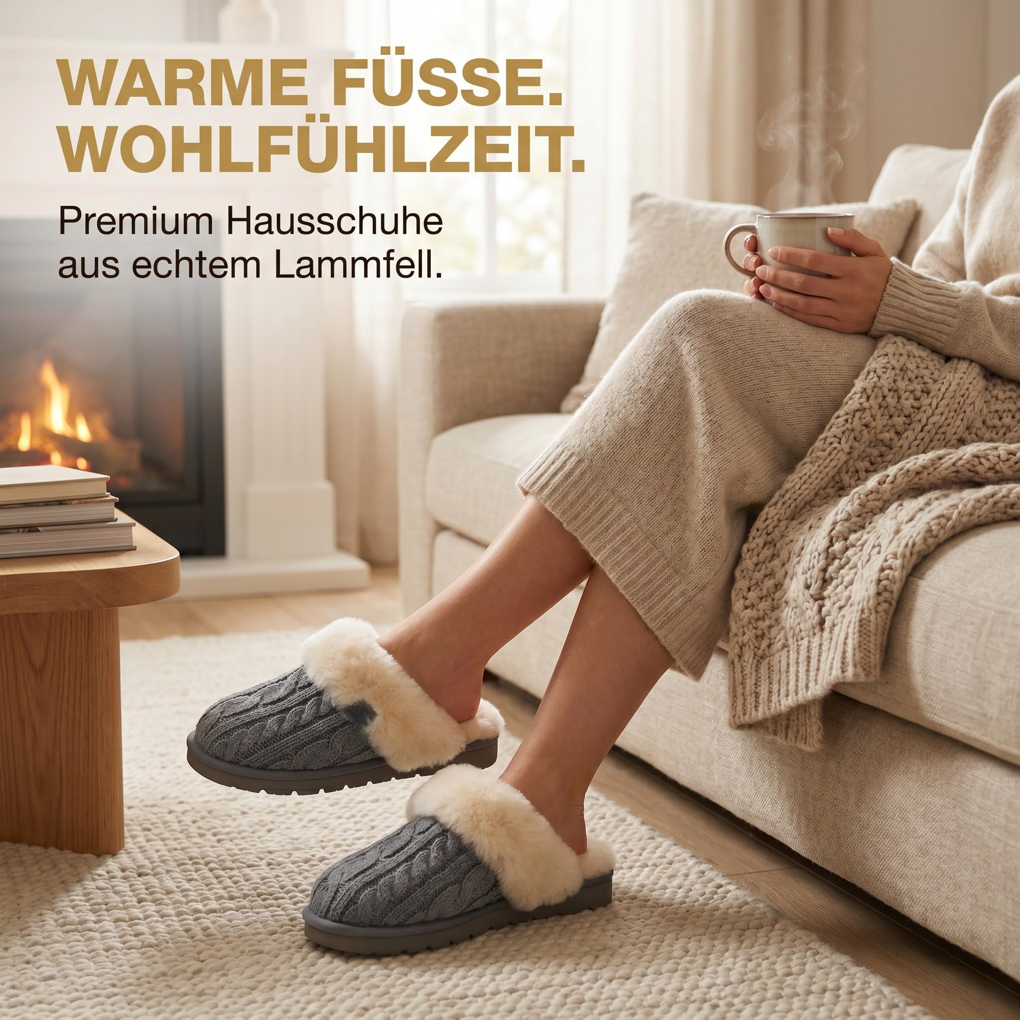 Rohn Moden Lammfell Hausschuhe Damen – Nuri – Warme Hausschuhe Damen mit Schaffell & rutschfester EVA-Sohle – Winter Pantoffeln für zuhause – Slipper gefüttert - Grau