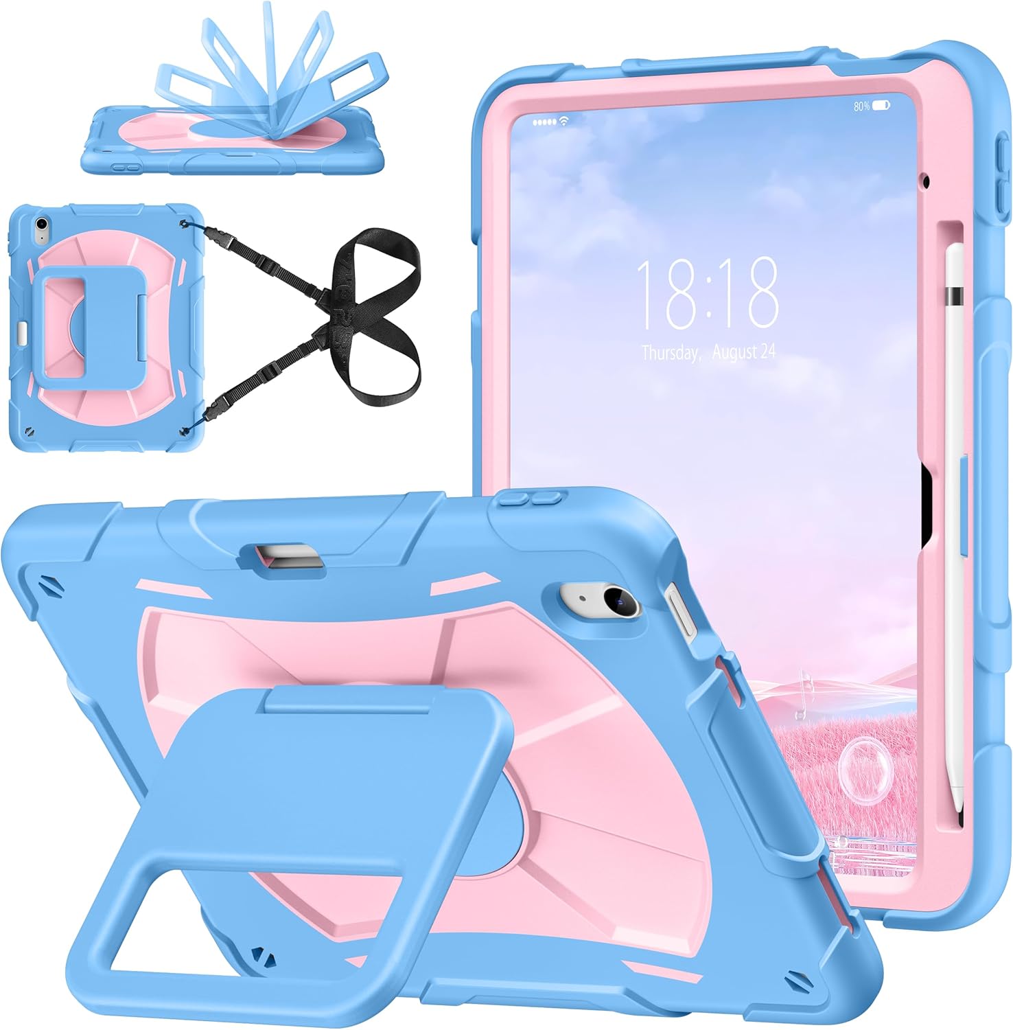 DTTO for iPad A16 Case, iPad 11th / 10th Generation Case (2025/2022), 360 Degree Rotating Stand Full-Body Drop Protection Case with Pencil Holder and Shoulder Strap for Kids, Blue Pink