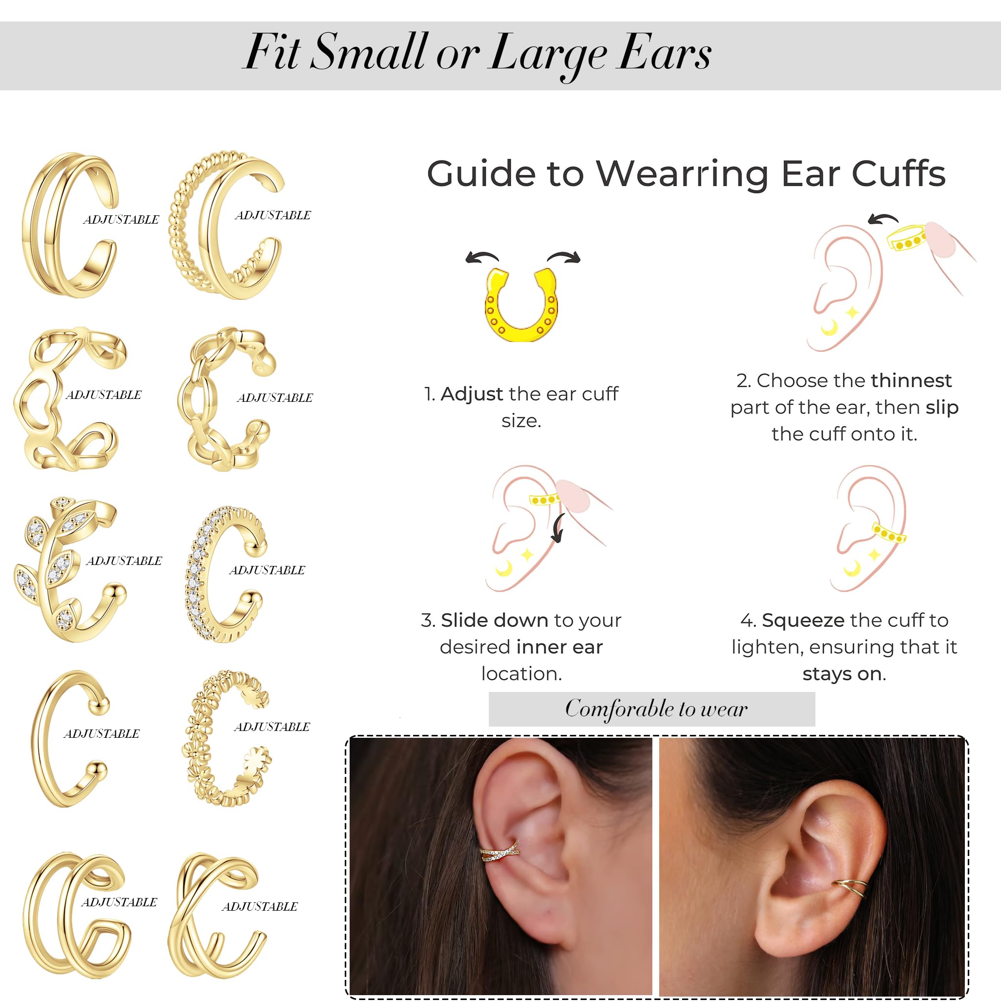 Jewdreamer 16Pcs Ear Cuffs for Women Non Piercing 14K Gold Silver Ear Cuffs Earrings Non Pierced Clips On Cartilage Earring Fake Earrings Lightweight