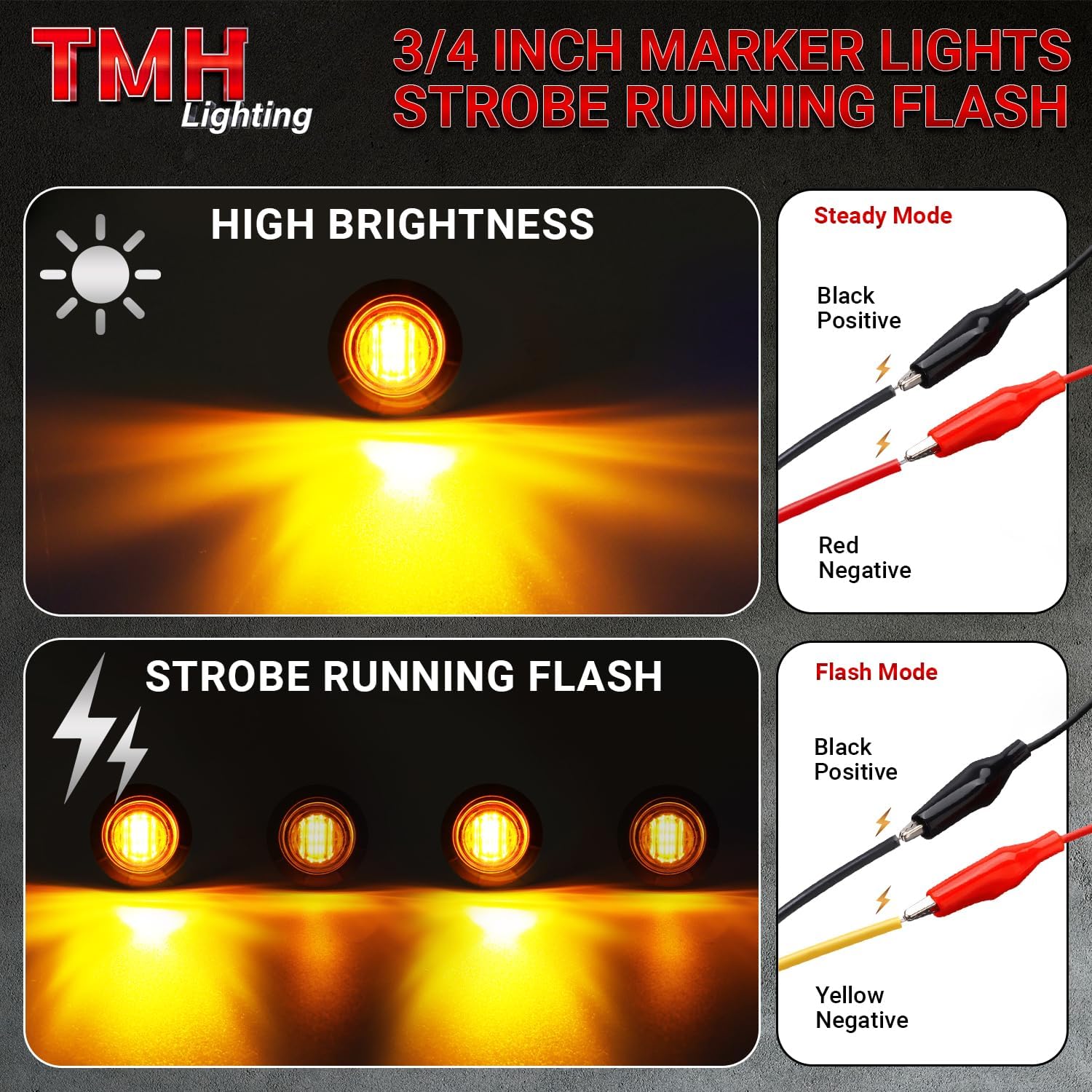 TMH 20 Pcs Strobe + Marker Lights 3/4 Inch Amber LED Mini Round Bullet Light, Dual Function Steady & Flash 12V DC Flush Mount with Grommet for Truck, Trailer, RV, ATV, Van