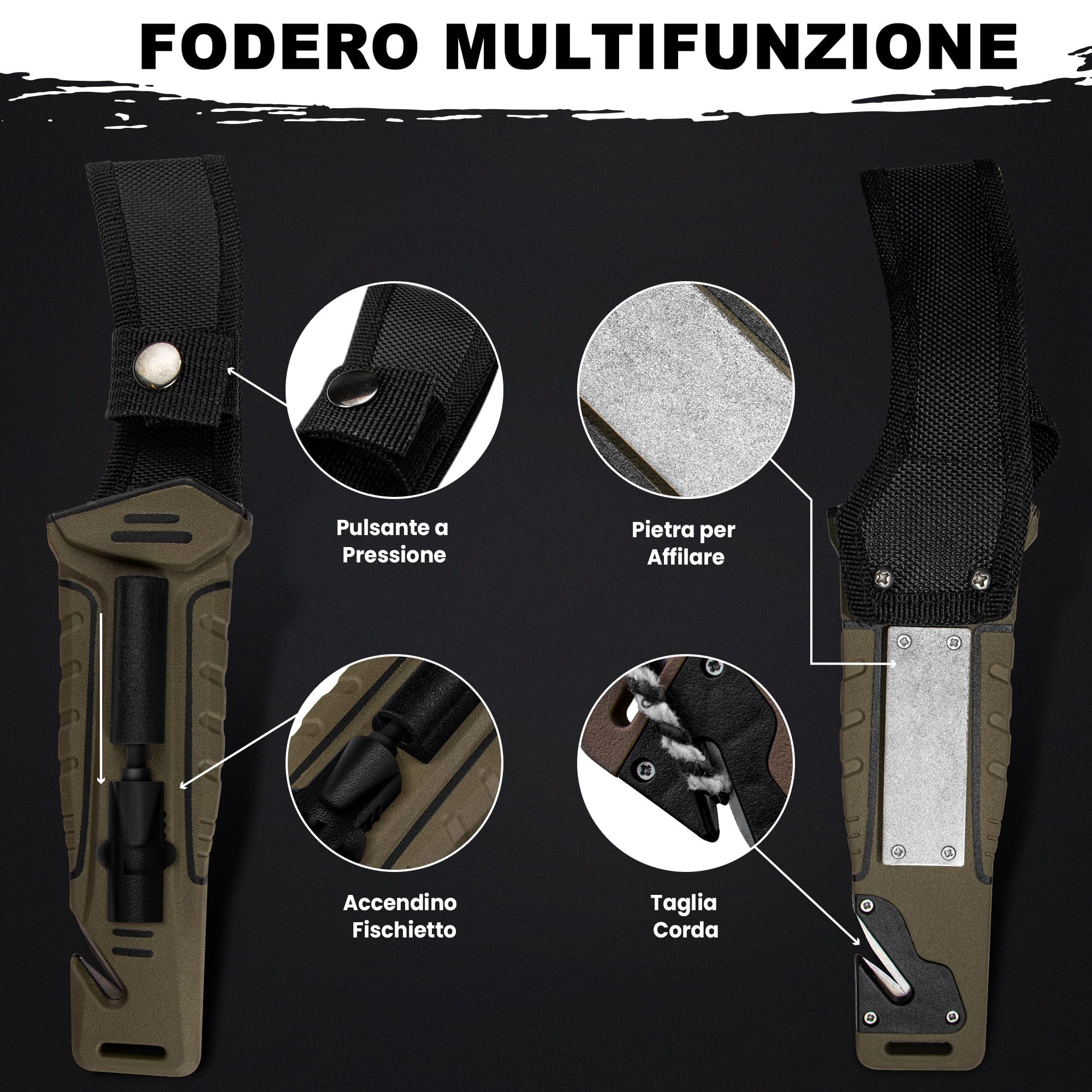 naifu® - The Hunter X - MARONNE - Coltello sopravvivenza a lama fissa da 12 cm in acciaio inossidabile - Coltello da caccia - Sopravvivenza - Bushcraft - Accendino e affilatore inclusi
