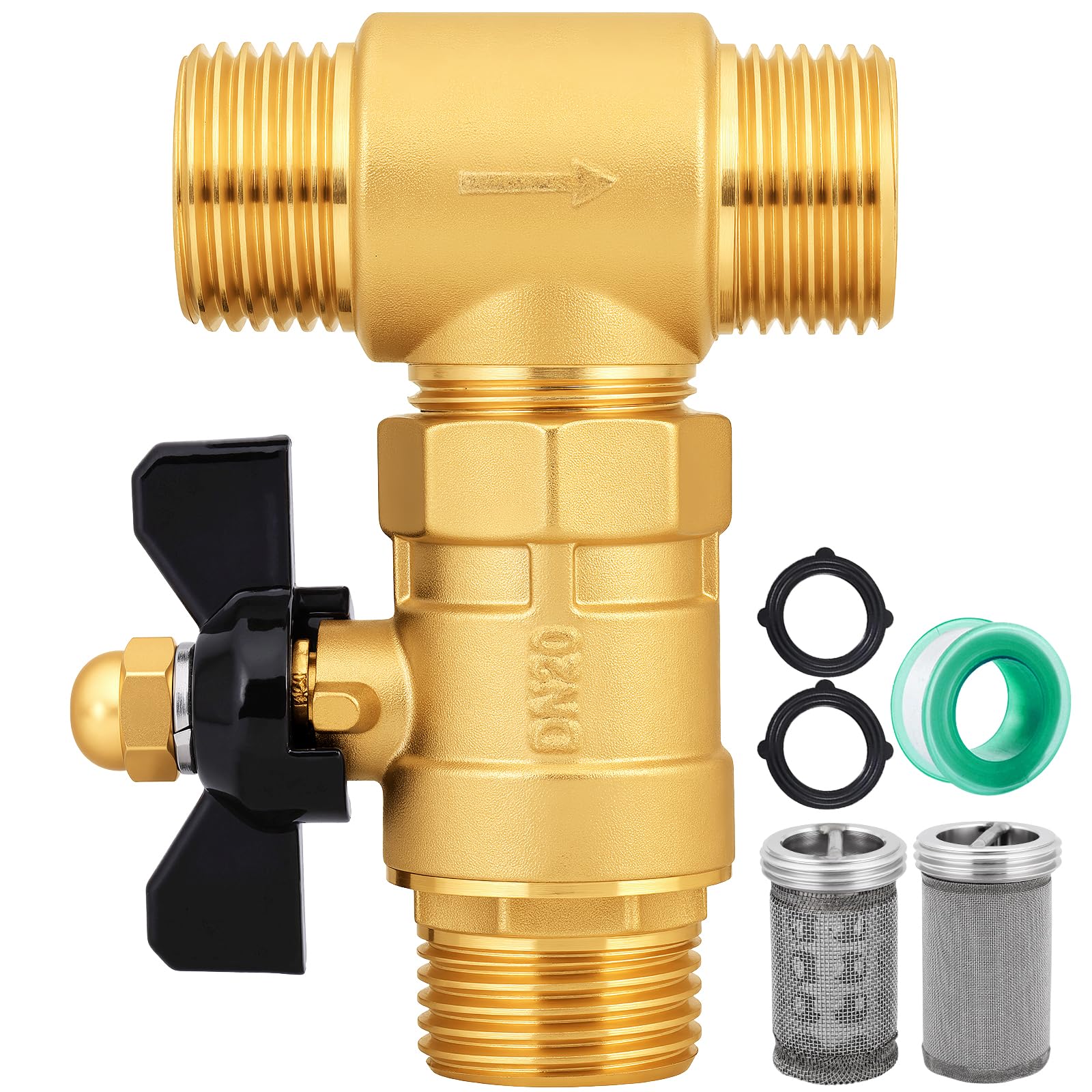 SIGURANTA Filtro de agua para manguera de jardín y caravana, filtro en línea de latón resistente con válvula de drenaje, doble entrada (3/4 pulgadas GHT y 1/2 pulgada NPT), salida GHT de 3/4 pulgadas