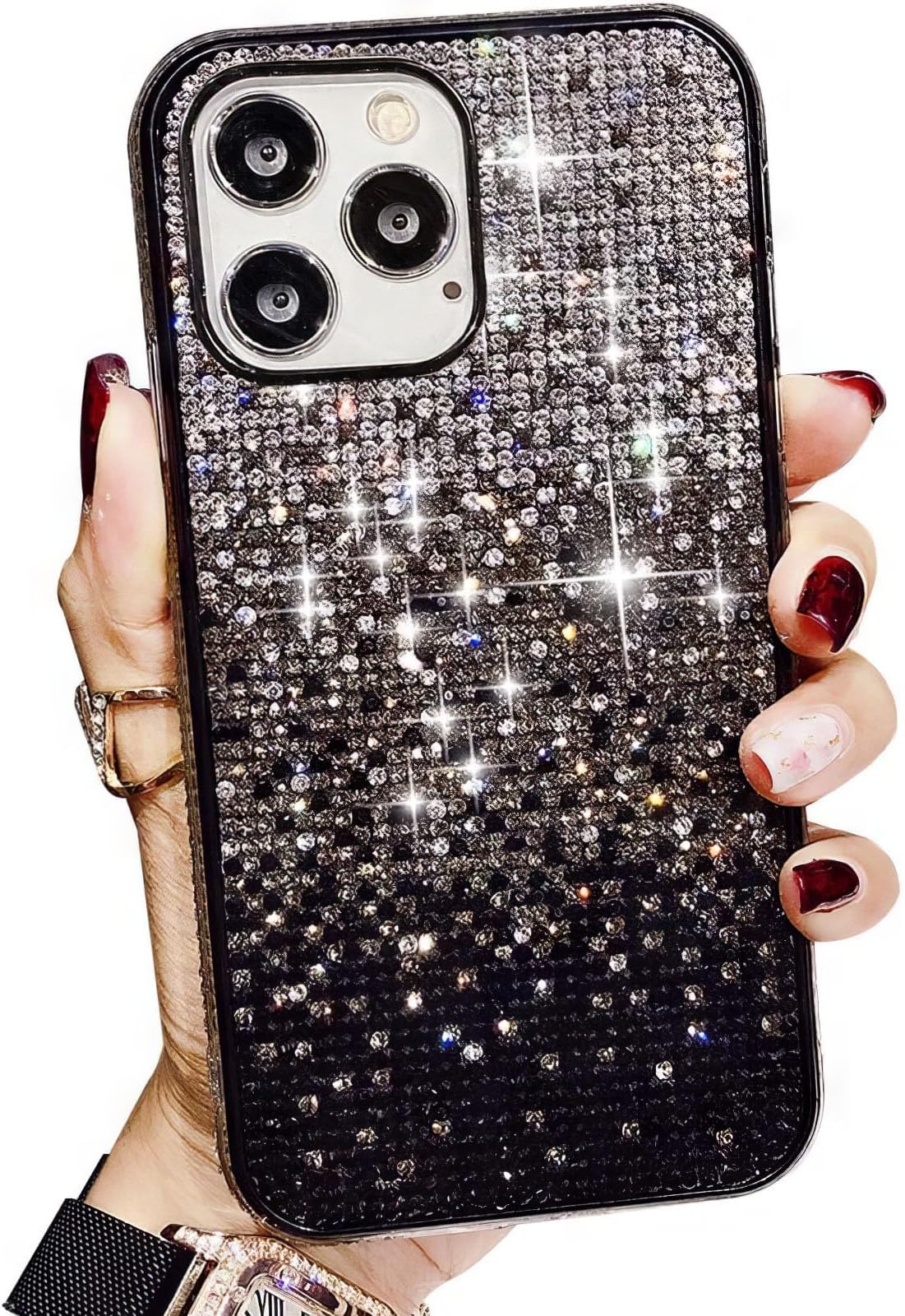 LINYUNE Gradient Bling Case for iPhone 16 Pro with Glitter Sparkle Diamond, Shiny Crystal Rhinestone TPU Bumper Protective Case Cover for iPhone 16 Pro (6.3") - Black