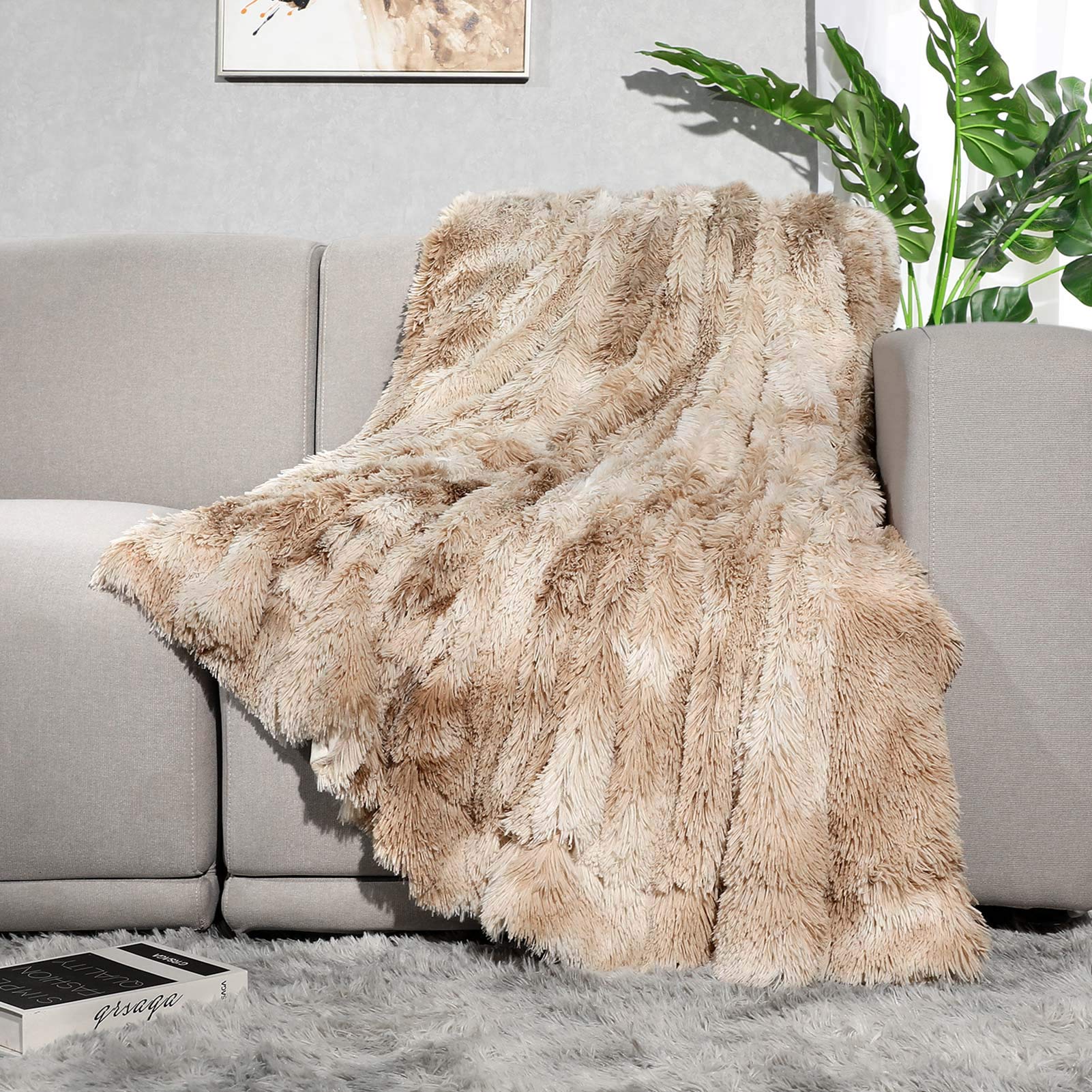 Lvylov Decorative Soft Fluffy Faux Fur Throw Blanket 50" x 60",Reversible Long Shaggy Cozy Furry Blanket,Comfy Microfiber ...