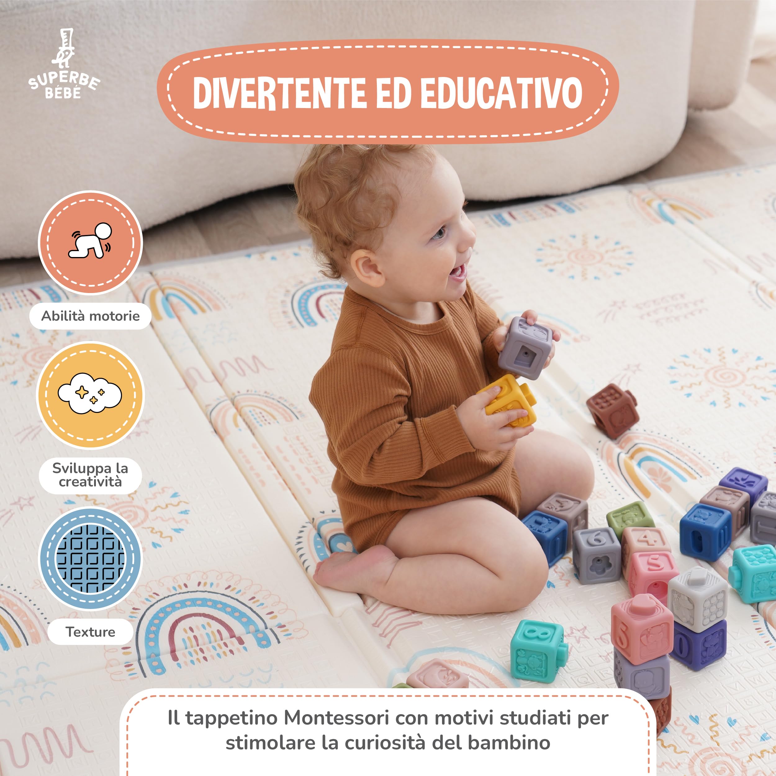Tappeto Gioco Bambini Pieghevole 180x200x1.5cm Palestrina Neonato Montessori Reversibile Non Tossico E Impermeabile In Schiuma Per Bimbi. Palestra Neonati - Tappeto Tummy Time Neonati - Regalo Bambino