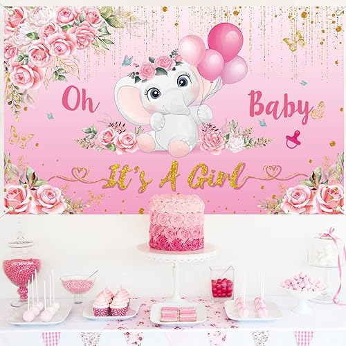 Miniatura 4 de Cartel de fondo de baby shower para niña, decoraciones de baby shower para niña, pancarta de "It's A Girl", decoraciones de elefante para baby