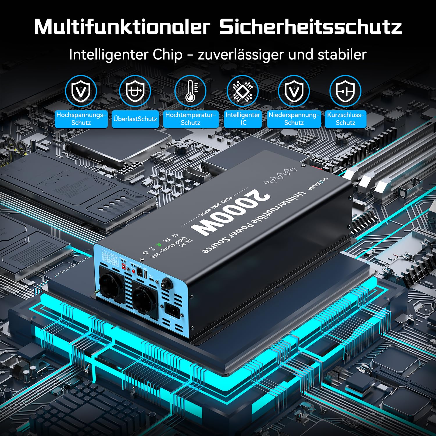 OLTEANP 2000W Wechselrichter12V auf 230V Reiner Sinus,Spannungswandler mit Netzvorrangschaltung und ladefunktion und USV Funktion,Fernbedienung mit LCD-Bildschirm, Automatische Umschaltung für Netz