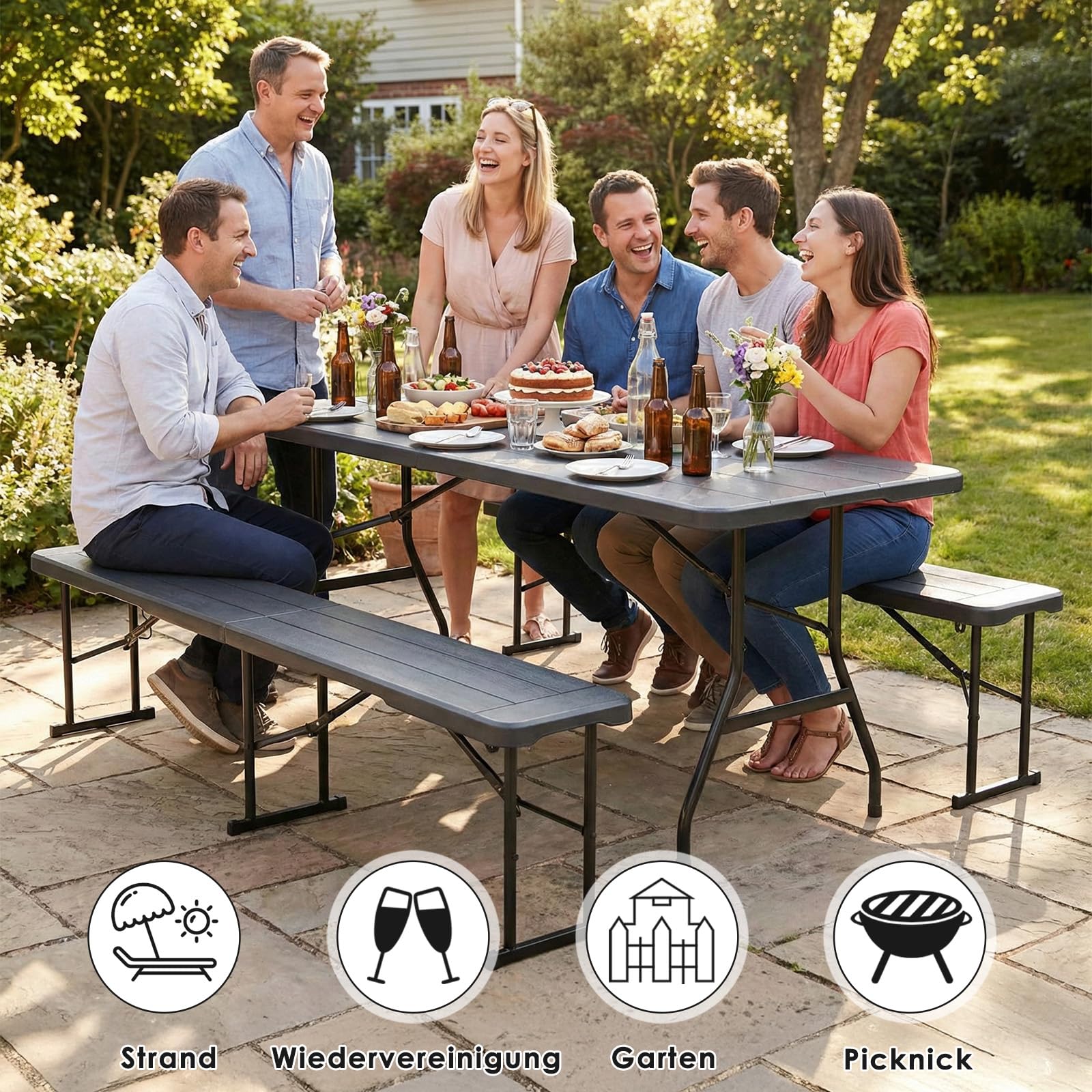 Set Tenda da Birra 3 Pezzi 180cm, Tavolo e 2 Panche Pieghevoli, Mobili da Giardino in Plastica HDPE