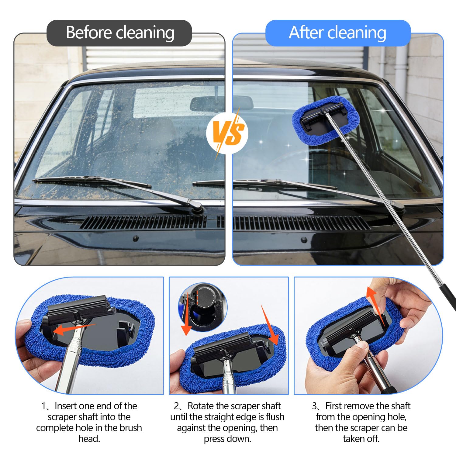 Kit Limpiador para Parabrisas Extensible (22-98.5cm) con Limpiaparabrisas de Inoxidable Cabezal del Limpiar Cristales Coche y Spray Bottle con 4 Paños de Fibra para Limpiar Retrovisores Parabrisas - 5