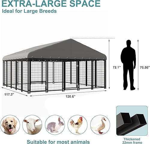 Miniatura 2 de Perrera para perros de 120 x 118 pulgadas en el exterior, grande con puerta de alimentación y doble cerradura, jaula resistente a la intemperie para