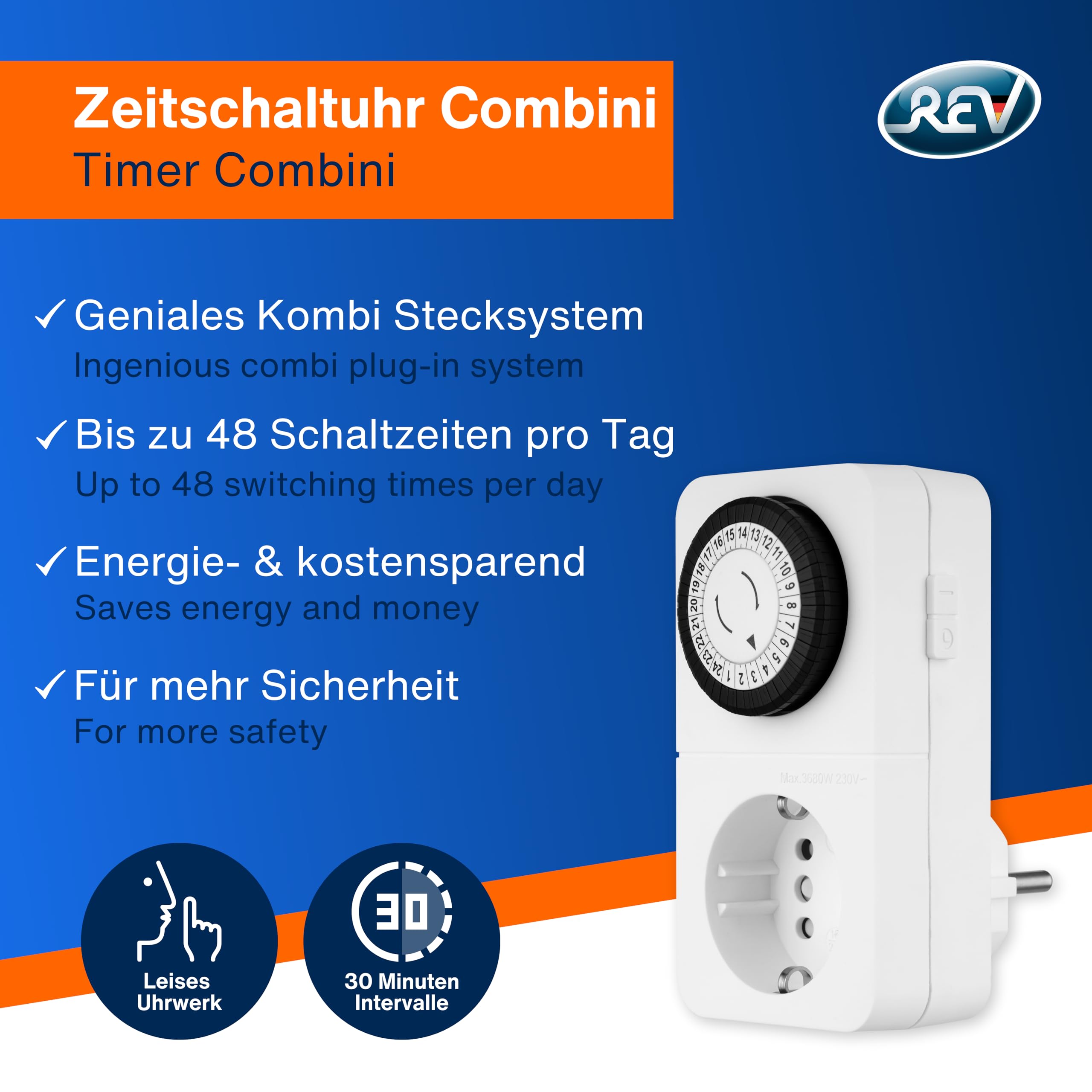 REV Czasomierz czasowy gniazdko elektryczne – format 24 h, 48 razy po 30 min – mechaniczny timer gniazdko z systemem wtykowym kombi, maks. 16 A/3680 W, biały