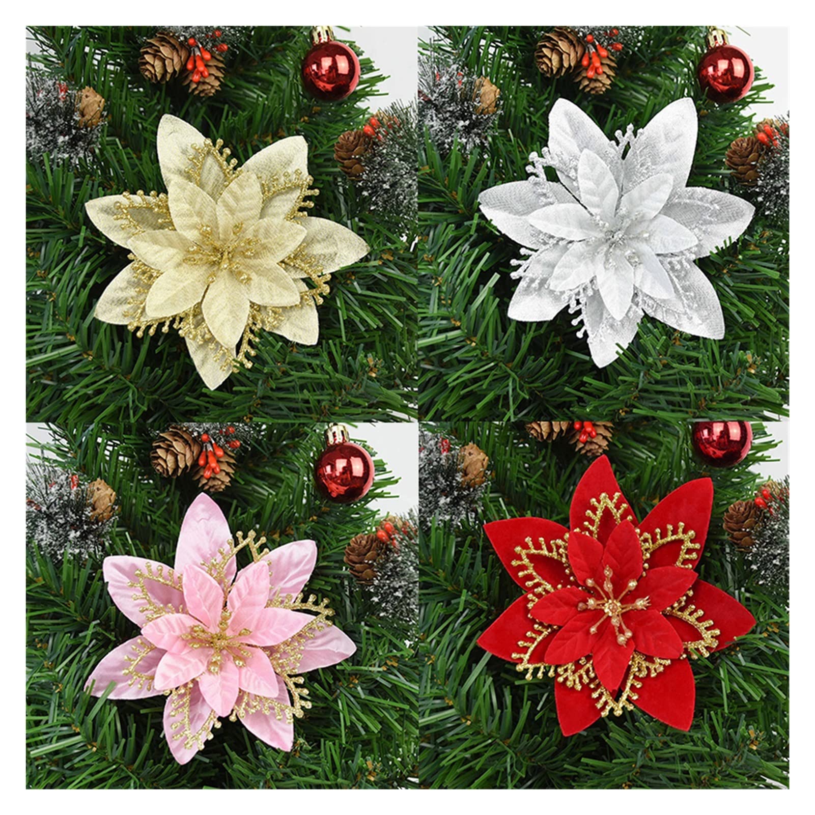 Amazon｜YEJIANGHUA 10ピースクリスマスグリッターポインセチアの花の