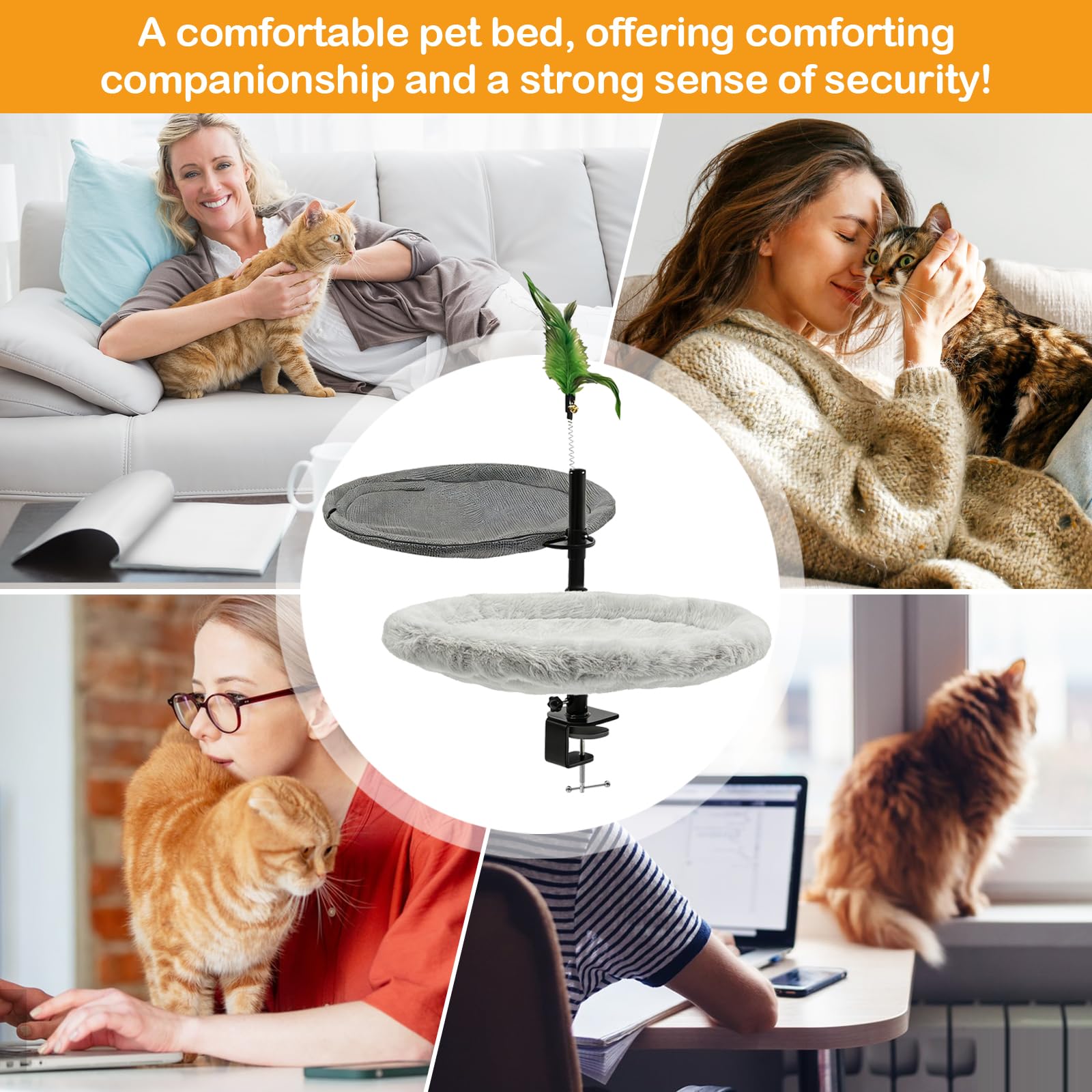 Doppellagig Katzenbett für Schreibtisch, mit Federstab, Höhenverstellung, 360° drehbar, bis 20 kg belastbar, Bequeme Katzenhängematte ideal für Büro, Zuhause und Arbeitsplätze