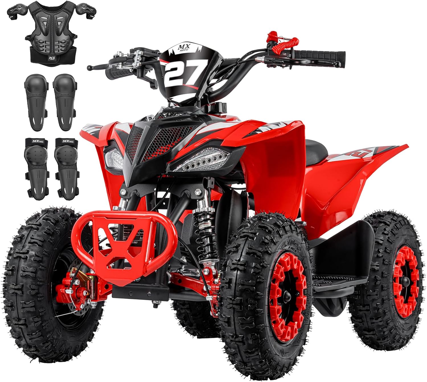 Kids ATV 4 Wheeler Gas Powered with Chest Knee Elbow Protective Gear Set, Front Rear Disc Brakes, Adjustable Speed Limiter, 49cc 2-Stroke, Dual Suspension, 95% Pre-Assembled Mini Quad, Red