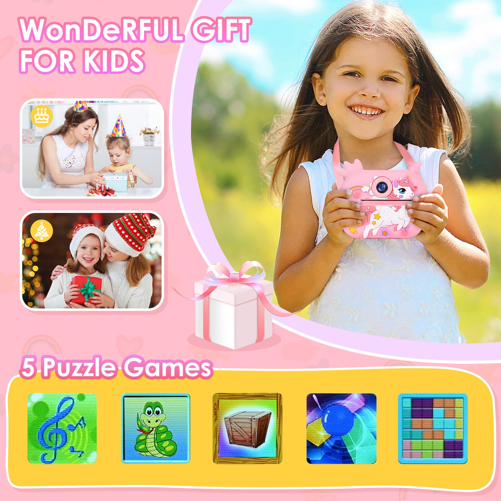 Macchina Fotografica Istantanea per Bambini, 2,4 Pollici 1080P Fotocamera Selfie Digitale con 32GB Scheda e Carta Fotografica, Regali di Natale da 3-12 Anni (Rosa)