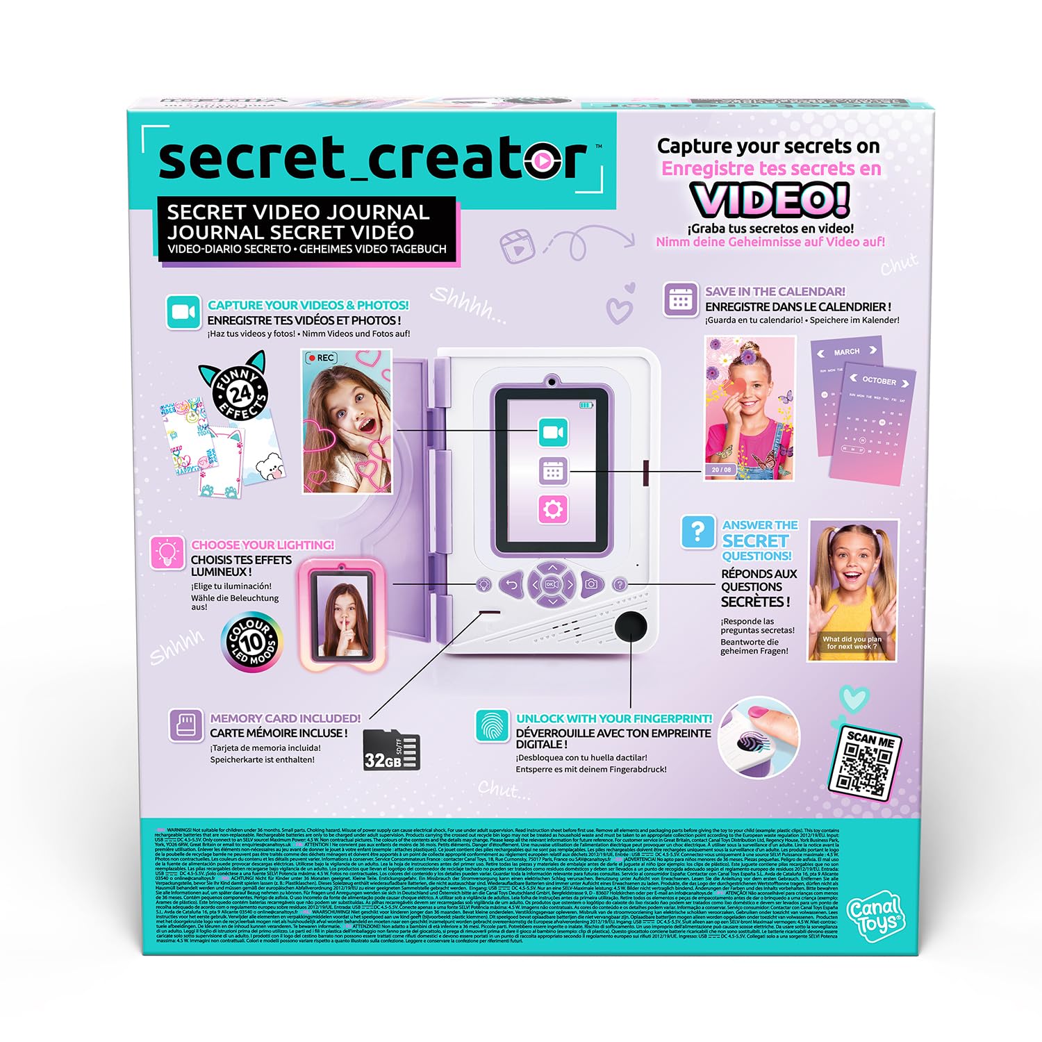 Canal Toys - Diario Segreto Video per Bambini Viola - Registra i Tuoi Segreti in Video e Foto - Regalo Bambini Giochi Elettronici 7 Anni + - Impronta Digitale - 24 Effetti - 32 GB - LED - Inf 043